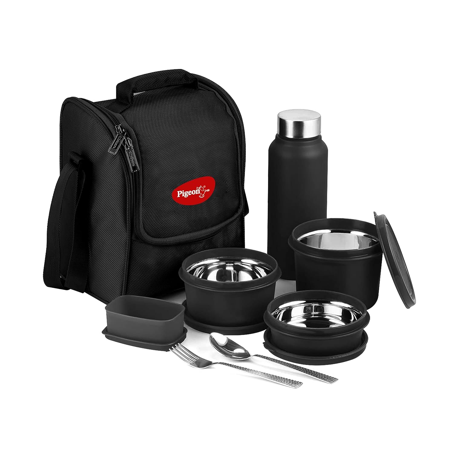 Pigeon Heat and Treat Lunch Box Pack of 4 Microwave Safe, Leak Proof| 600ml,400ml,250ml,100ml | 750ml Black Bottle