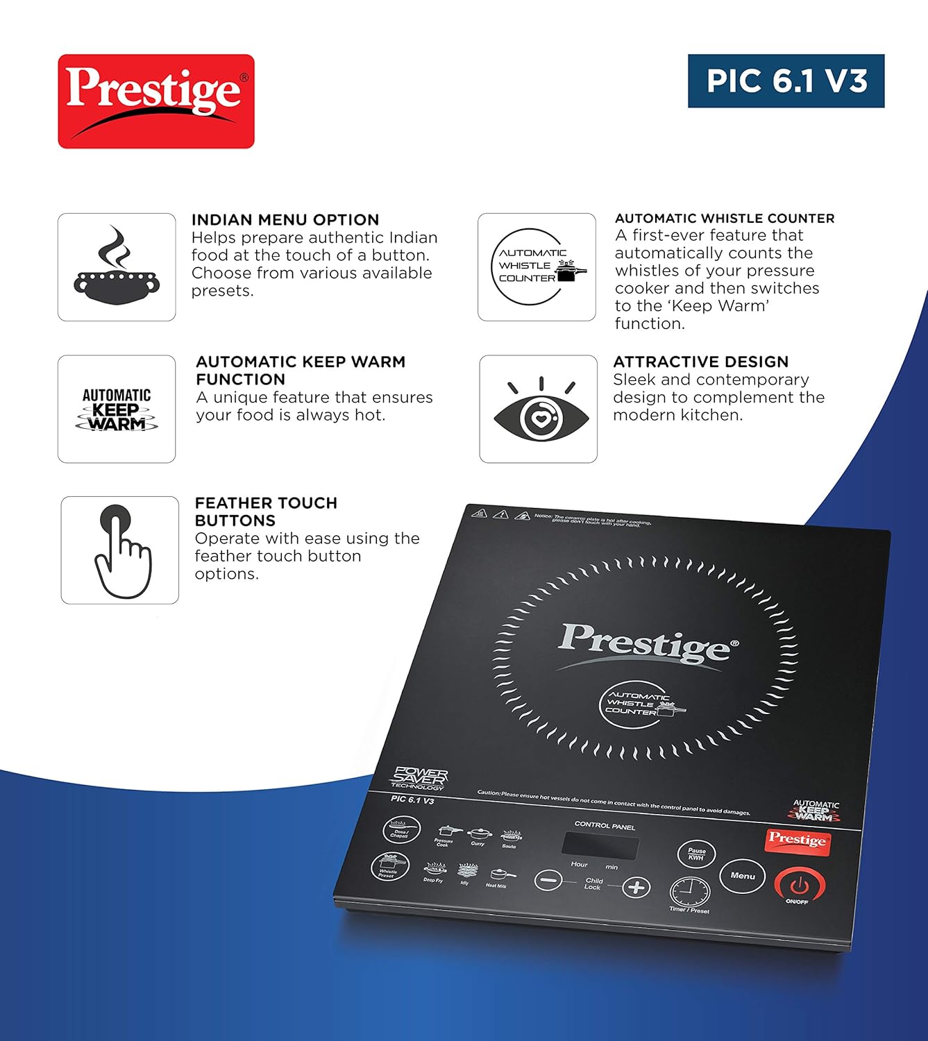 Prestige PIC 6.1 V3 PIC 2200 Watts Induction Cooktop