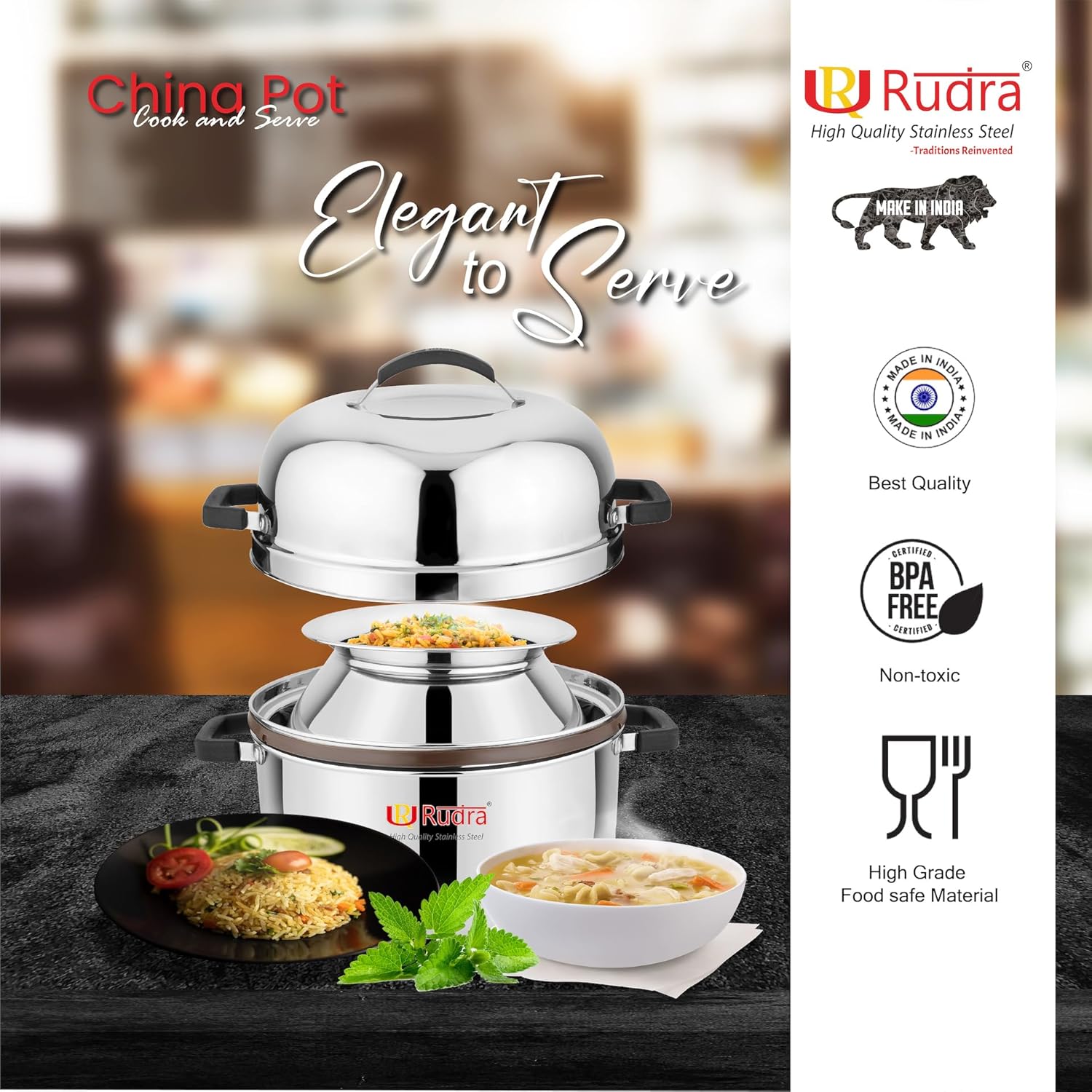 RUDRA Stainless Steel China Pot Cook and Serve, Thermal Rice Cooker