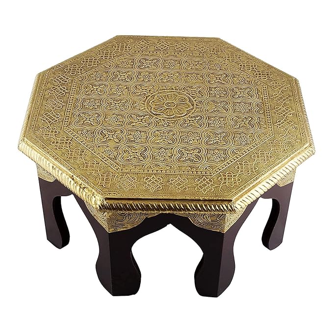LIME Pooja Bajot Stool/Octangle Pooja Decor/Brass Chowki/Patla/Chowki for Daily Prayer/Sitting Chowki for All Purpose