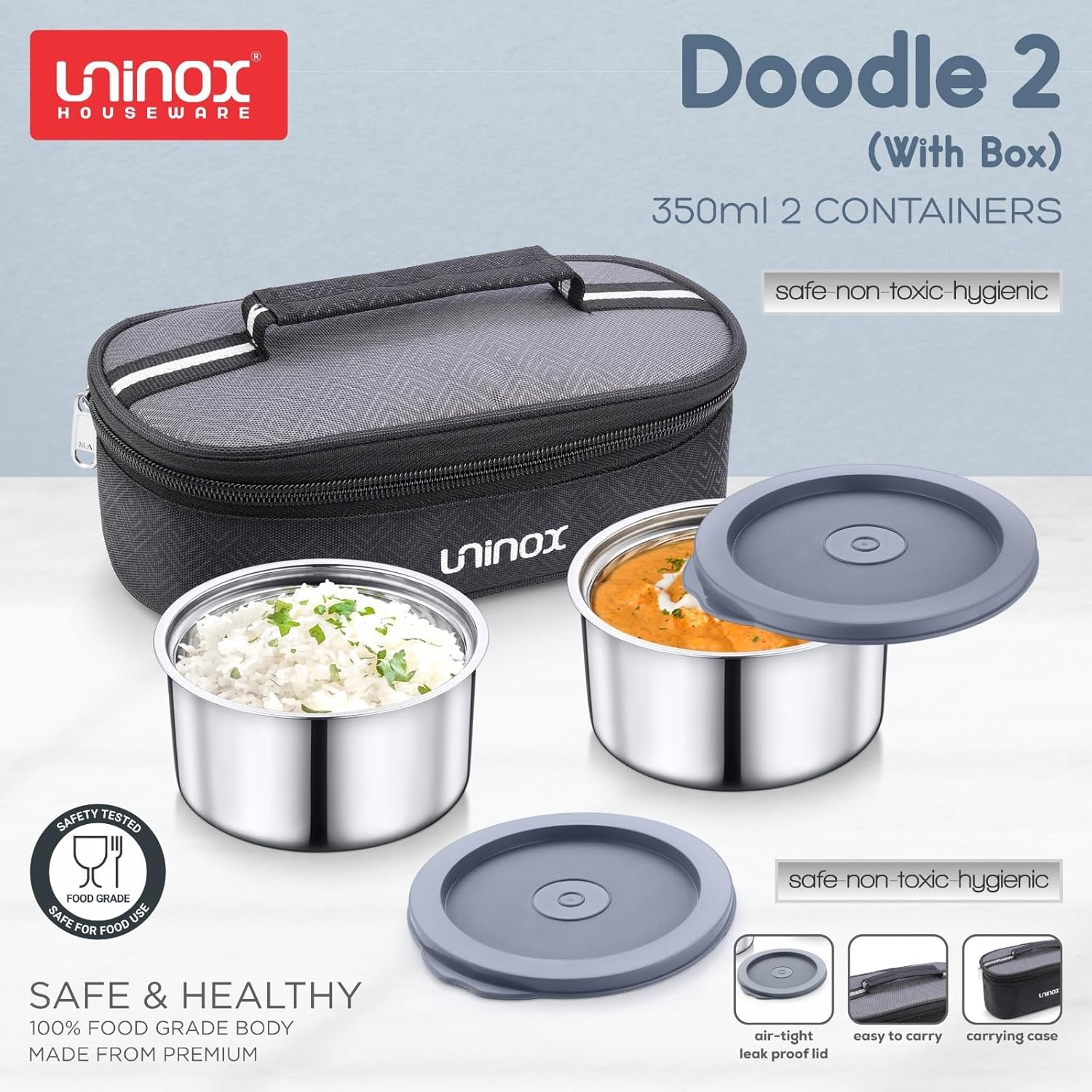 uninox Doodle 2 Stainless Steel Lunch Box with 2 Double Wall Containers 300 ml with Steel Lid and Insulated Carry Bag