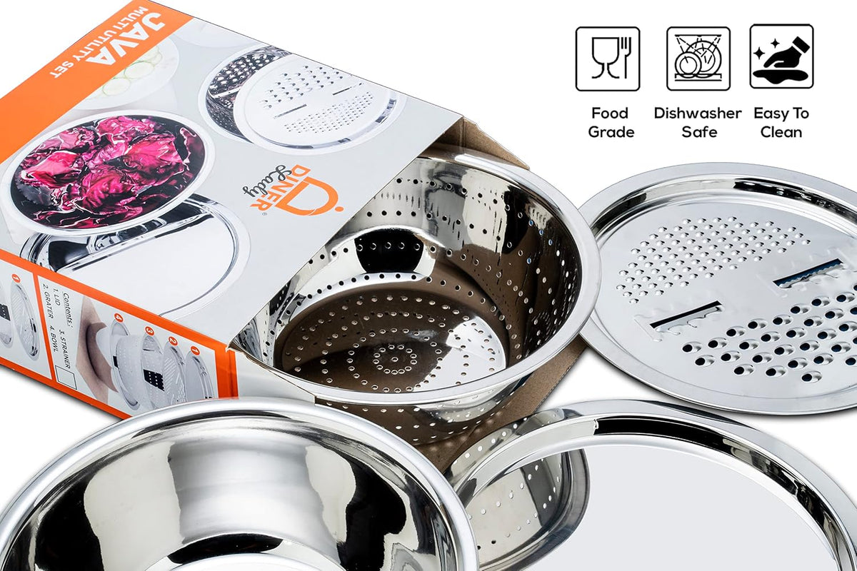 Stainless Steel Java multiutility Set, 4 Pieces for Grating Chopping Straining and Storing, 2000ml Storing Capacity with Twin Slice Blades and Dual Grating Option. The Ultimate PREP Tool.
