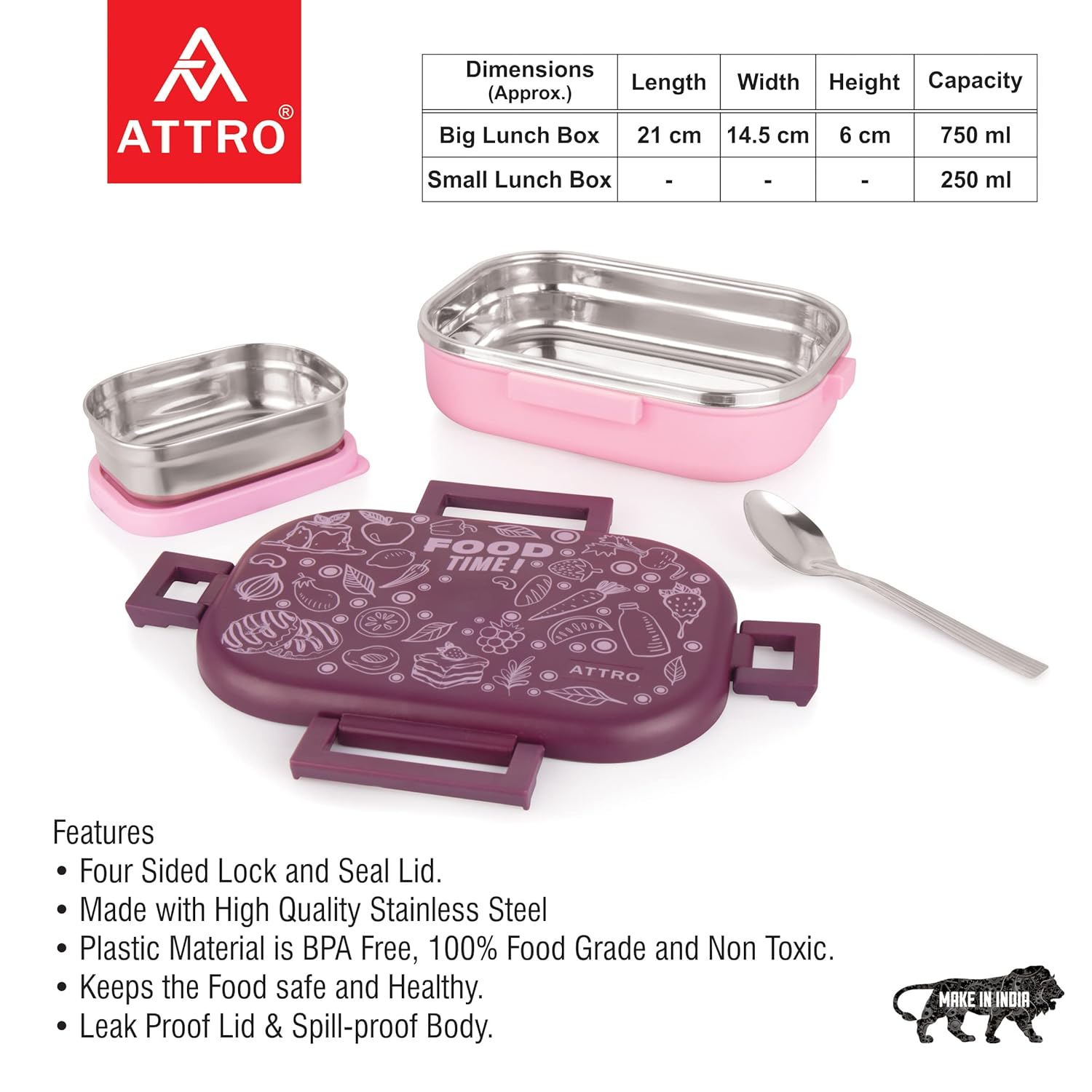 Food Time Stainless Steel Lunch Box, Airtight & Leak Proof - 2 Containers with Spoon (Big 750 Ml & Small 250 Ml) for Office Use, School, Picnic