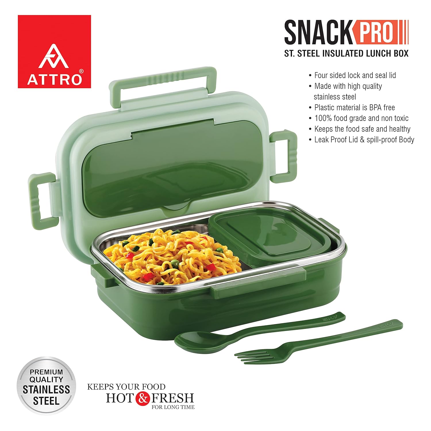 Snackpro Plastic Lunch Box Airtight & Leak Proof Containers with Plastic Fork for Office Use, School, Picnic, 800Ml