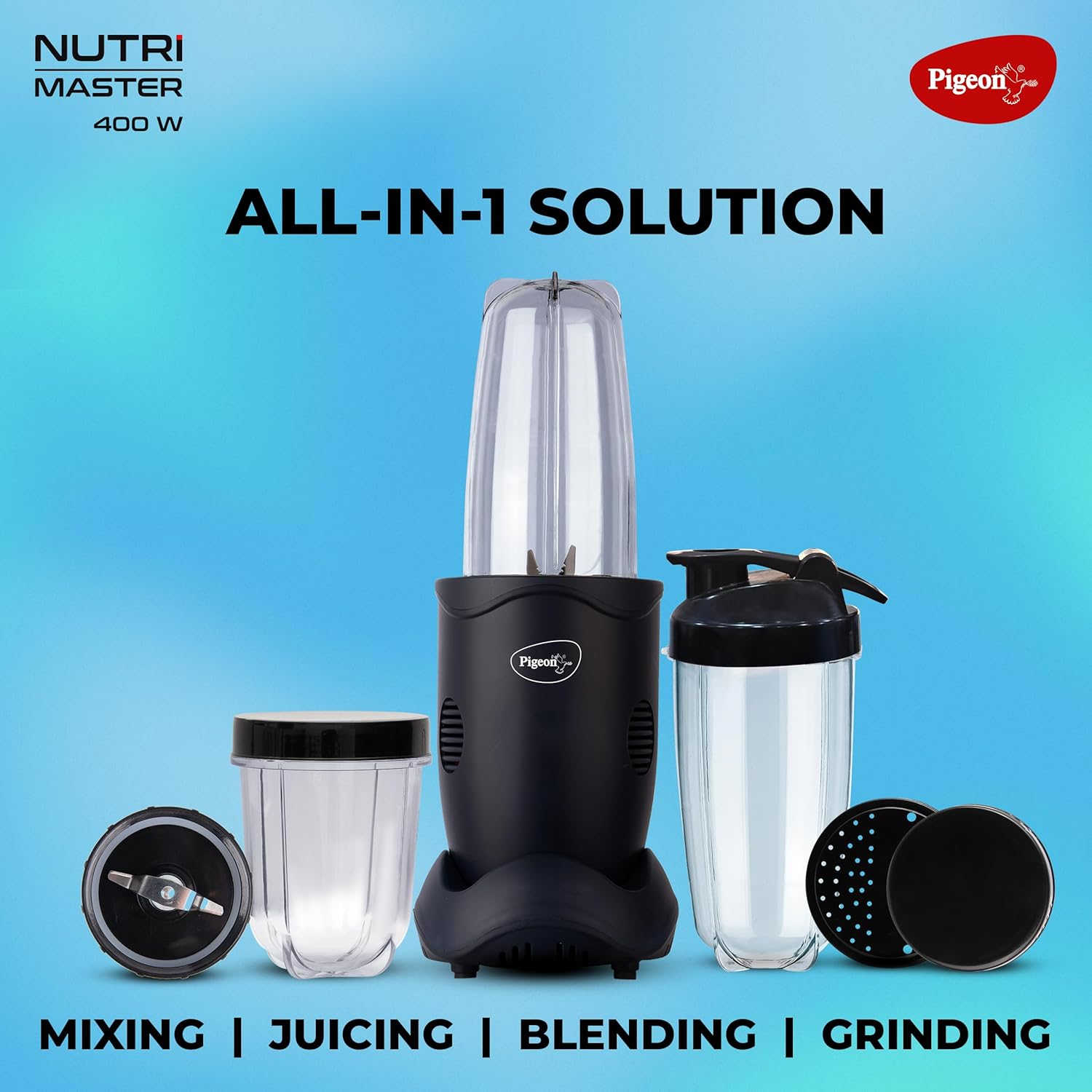 Pigeon Nutri Master | Mixer Grinder Juicer Blender Smoothie Maker All-in-1 Machine | 400 Watt | 3 Jars |1Year Warranty,Blue, ABS, Blue