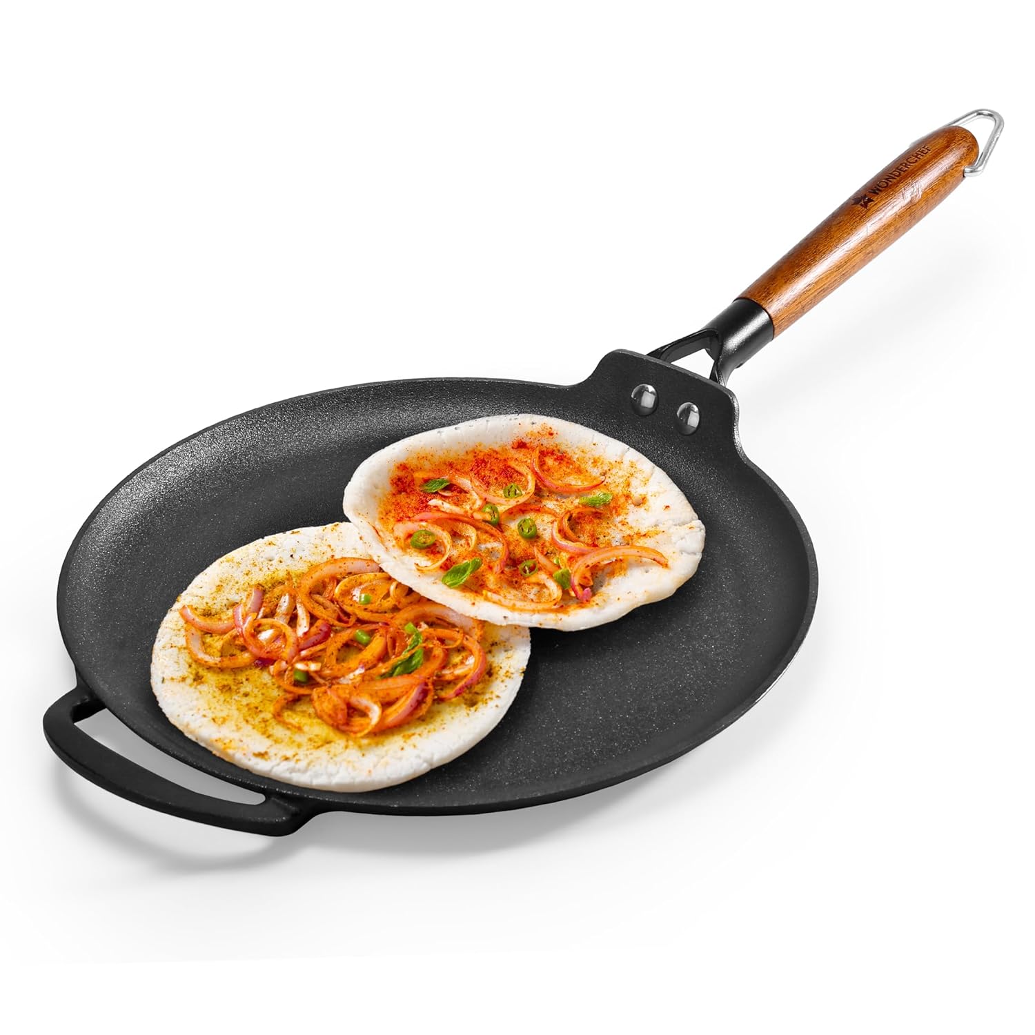 Ferro Light-Weight Cast-Iron Dosa Tawa | Pre-Seasoned with 100% Vegetable Oil | 40% Lighter Than Regular Cast-Iron Cookware | Cool-Touch Real Acacia Wood Handles | 10-Year Warranty