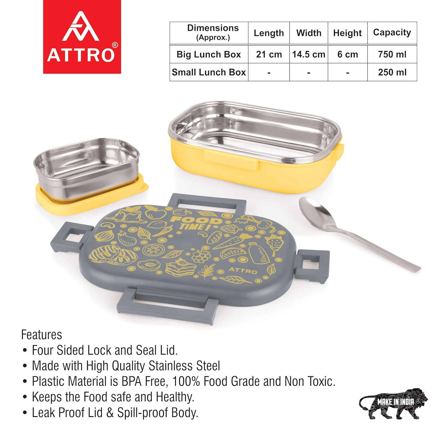 Food Time Stainless Steel Lunch Box, Airtight & Leak Proof - 2 Containers with Spoon (Big 750 Ml & Small 250 Ml) for Office Use, School, Picnic