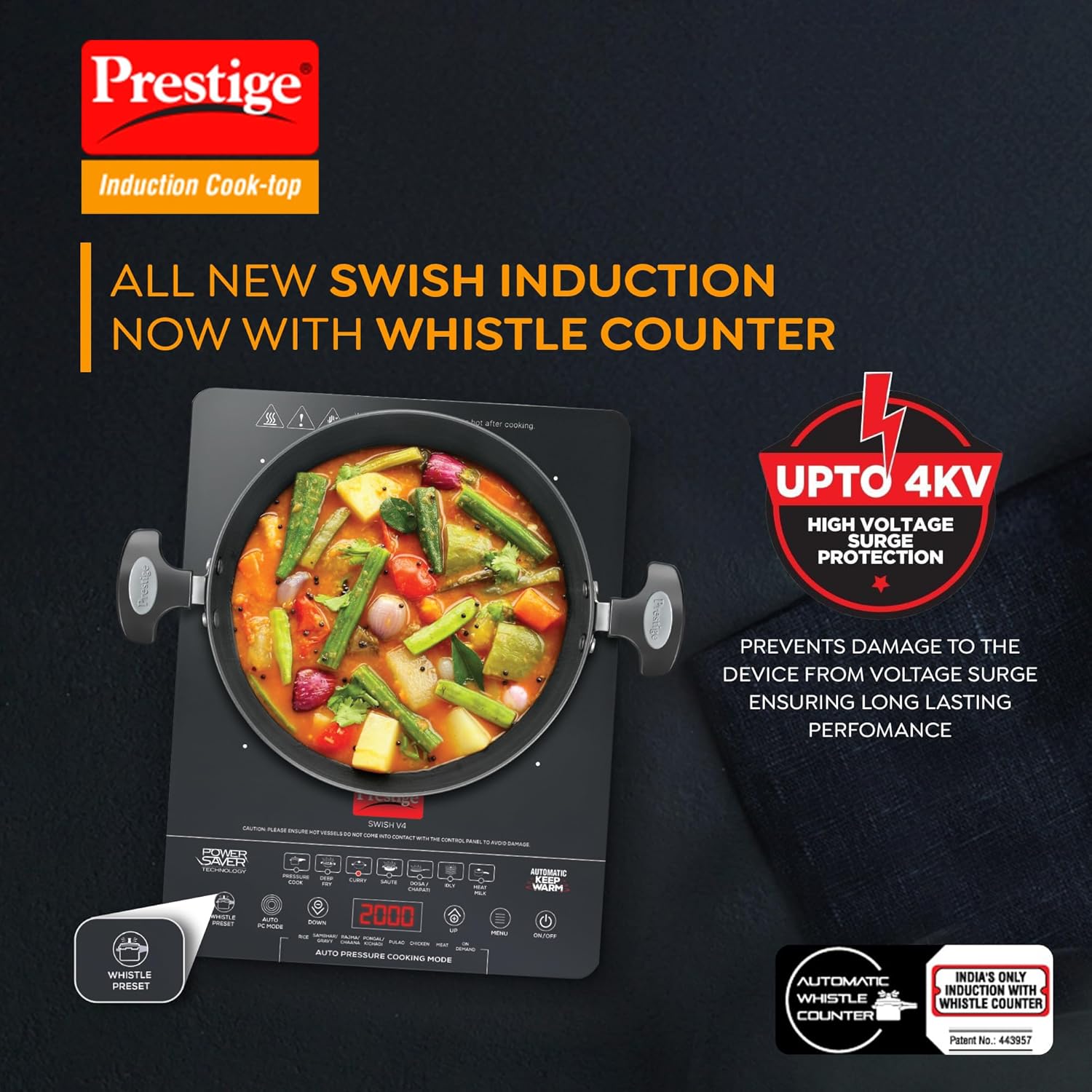 Prestige Swish V4 2000 W Induction Cooktop|Automatic Keep Warm|Power Saving Technology|Automatic Whistle Counter|Indian Menu Options|Black