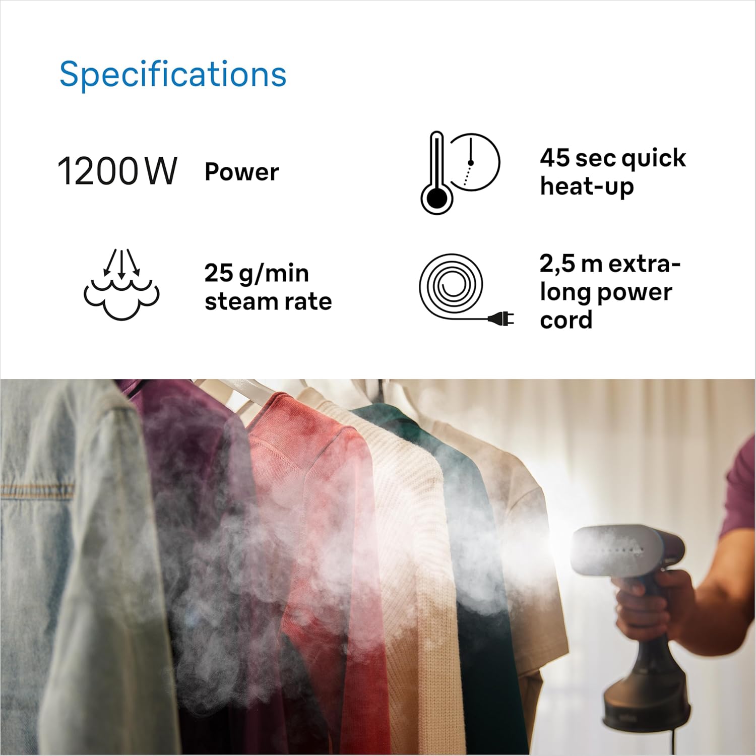 Braun QuickStyle 5 , Handheld Garment Steamer, Horizontal & Vertical Steaming, Powerful 1200 Watts Fast Steam Technology, De-Winkles Garments, No Iron Board Needed, Lightweight Garmet Steamer