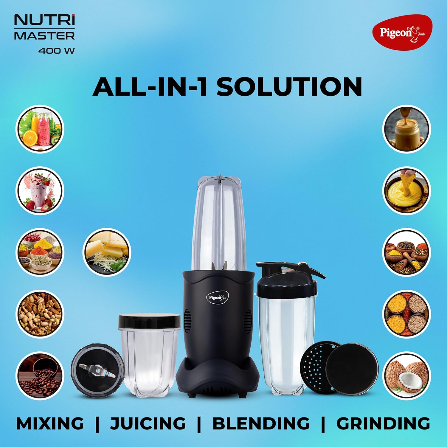 Pigeon Nutri Master | Mixer Grinder Juicer Blender Smoothie Maker All-in-1 Machine | 400 Watt | 3 Jars |1Year Warranty,Blue, ABS, Blue