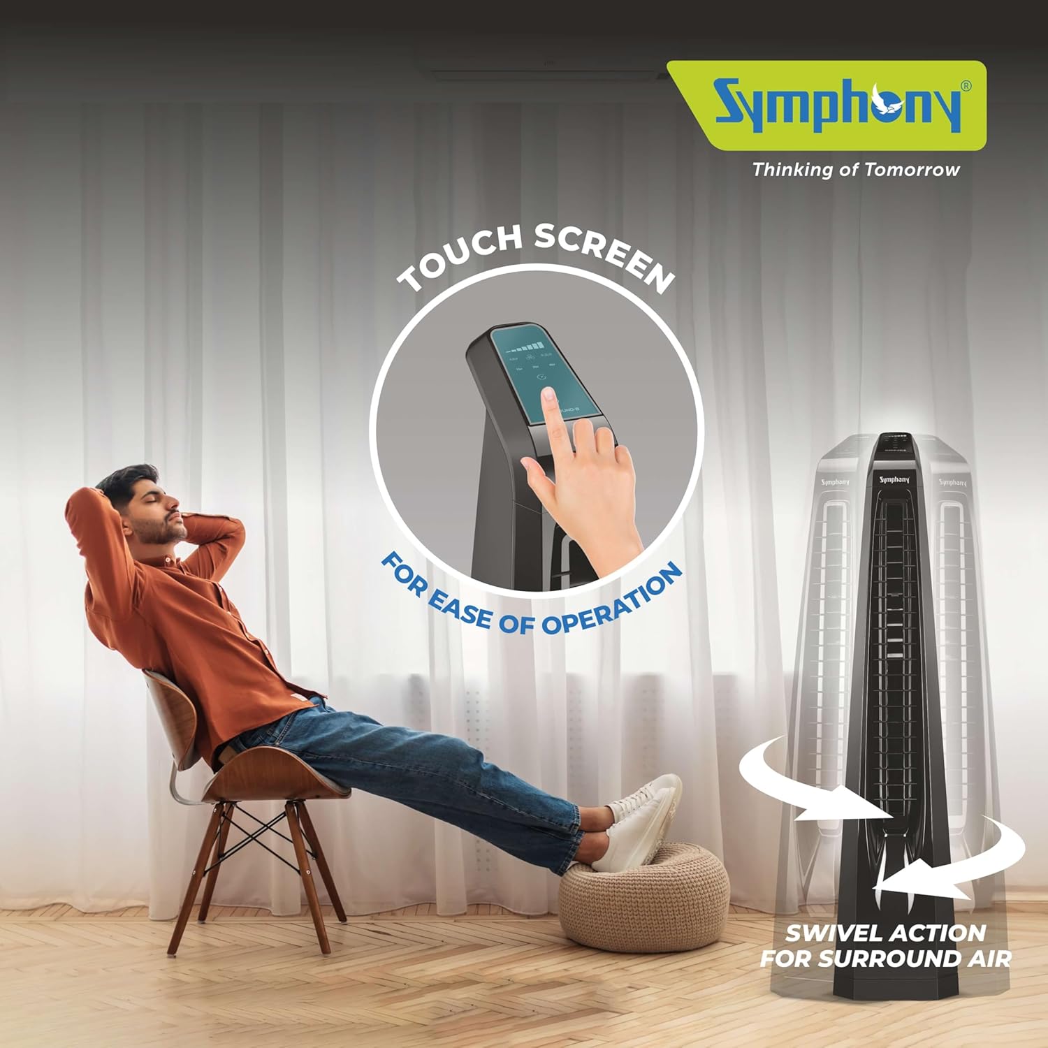 Symphony Surround B Personal Tower Fan | Silent Tower Fan for Home | BLDC Turbo Throw | Touchscreen Control Panel | Remote Control | Low Power Consumption | Black