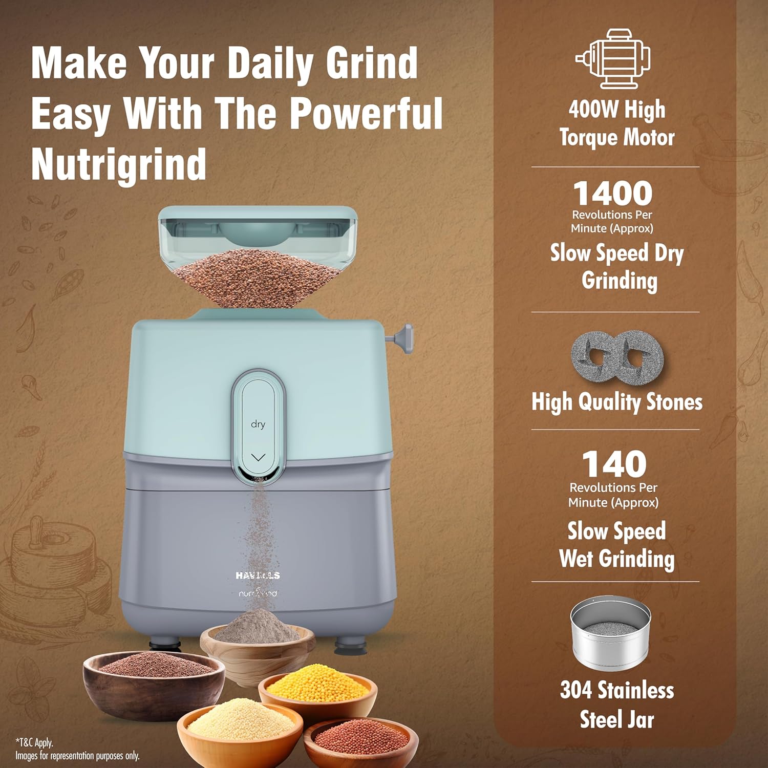 Havells Nutri Grind 3 in 1 Wet & Dry Grinder with 400W High Torque Induction Motor | 1400 RPM Slow Speed Grinding | Quality Coarse Stones | 2 Yr Manufacturer Warranty| Stainless Steel