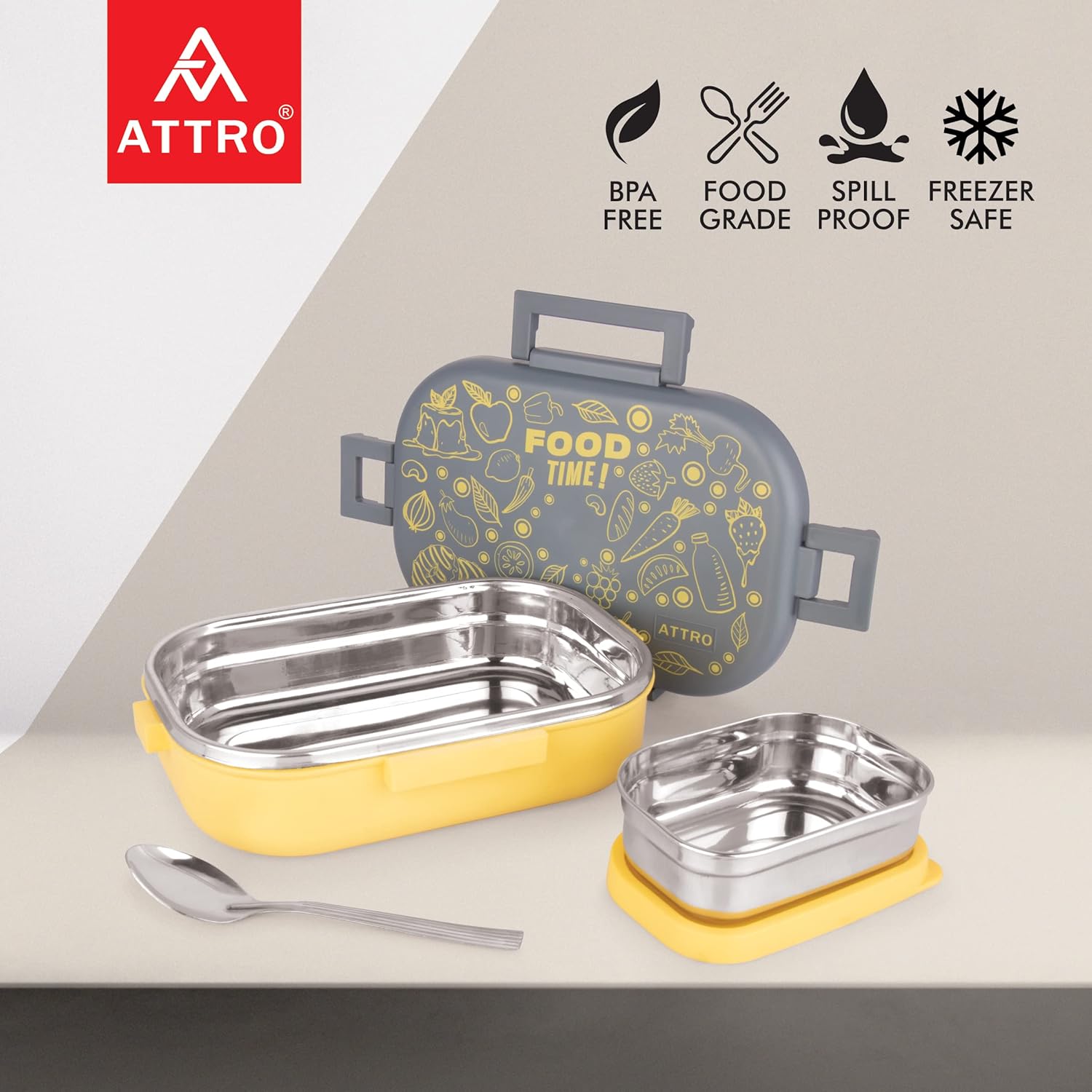 Food Time Stainless Steel Lunch Box, Airtight & Leak Proof - 2 Containers with Spoon (Big 750 Ml & Small 250 Ml) for Office Use, School, Picnic
