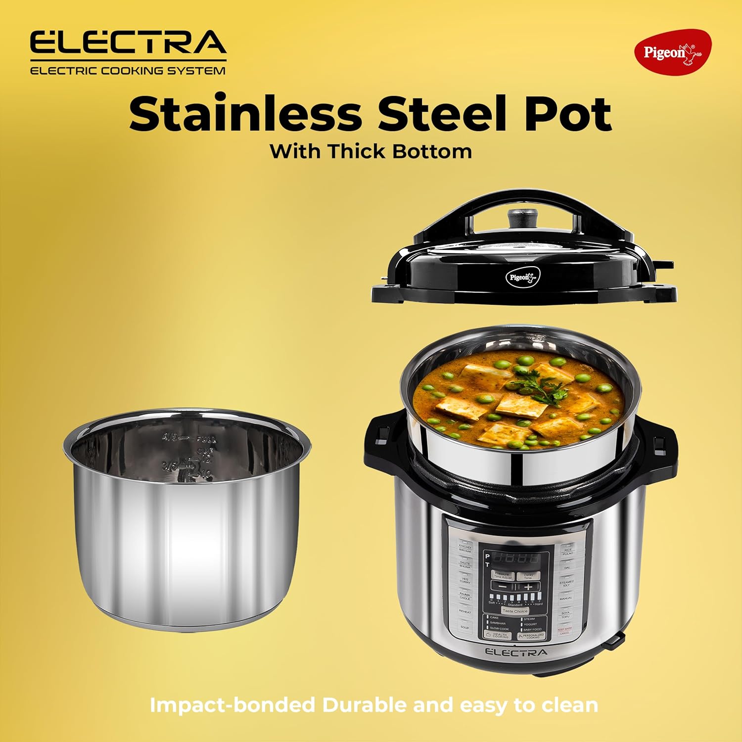 Pigeon Electra Smart Electric Pressure Cooker with Digital Display | 18 Indian Preset Menu | Automatic Rice Cooker | Delay Timer & More (Stainless Steel)