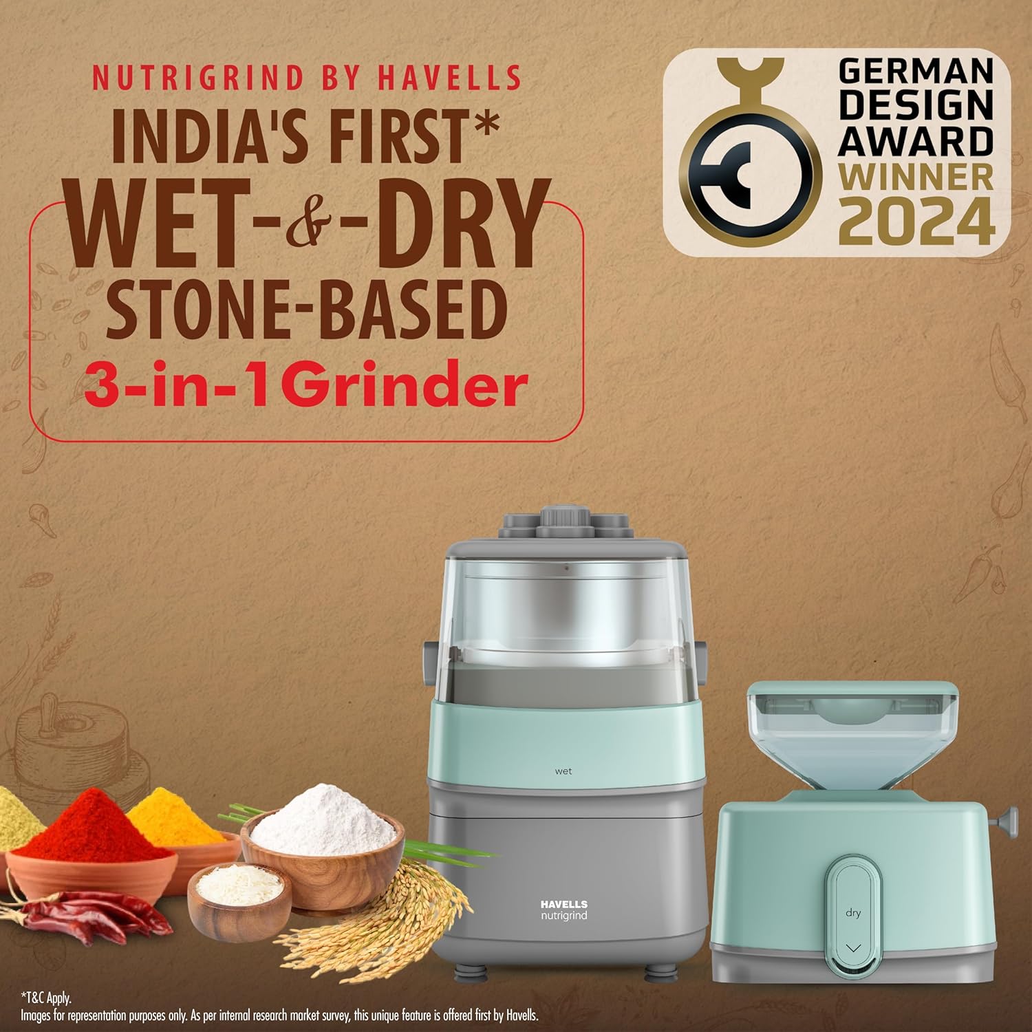 Havells Nutri Grind 3 in 1 Wet & Dry Grinder with 400W High Torque Induction Motor | 1400 RPM Slow Speed Grinding | Quality Coarse Stones | 2 Yr Manufacturer Warranty| Stainless Steel