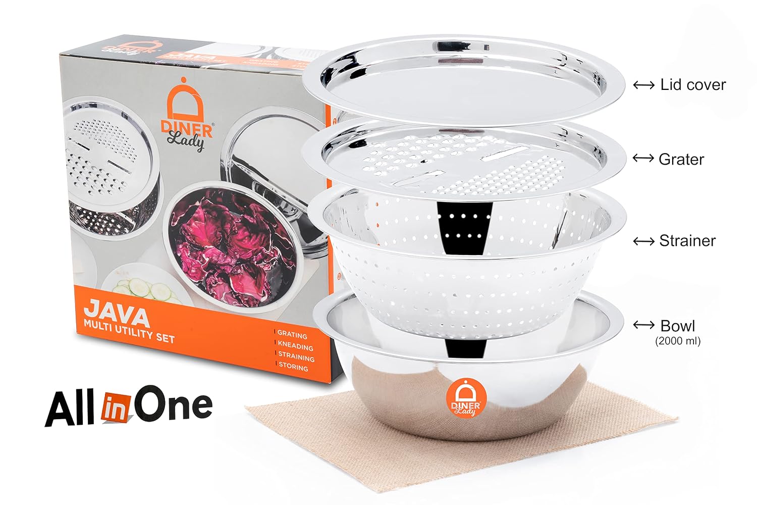 Stainless Steel Java multiutility Set, 4 Pieces for Grating Chopping Straining and Storing, 2000ml Storing Capacity with Twin Slice Blades and Dual Grating Option. The Ultimate PREP Tool.