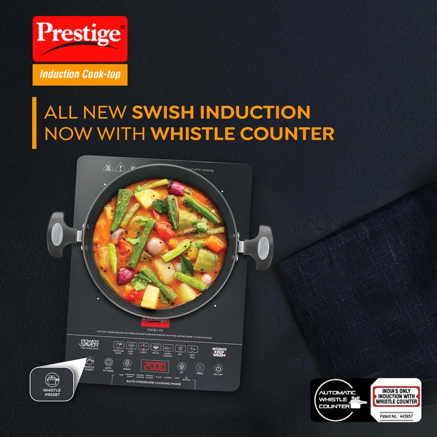 Prestige Swish V4 2000 W Induction Cooktop|Automatic Keep Warm|Power Saving Technology|Automatic Whistle Counter|Indian Menu Options|Black