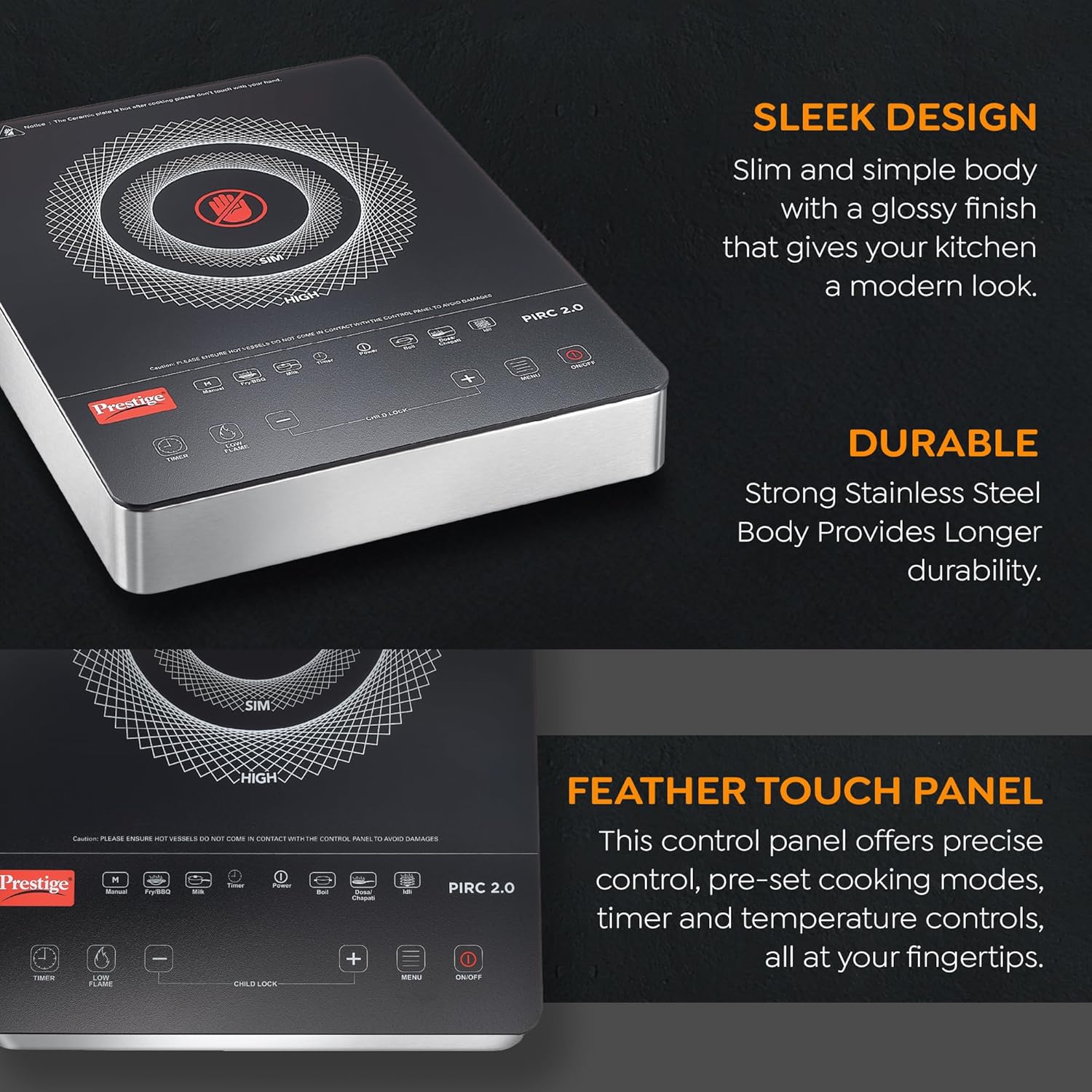 Prestige PIRC 2.0 2000 Watts Infrared Dual Heating Zone Cooktop |High Voltage Surge Protection| Dual Heat Mode| Radiant Heating Technology| Feather Touch Buttons| Stainless Steel Body| Black & Silver
