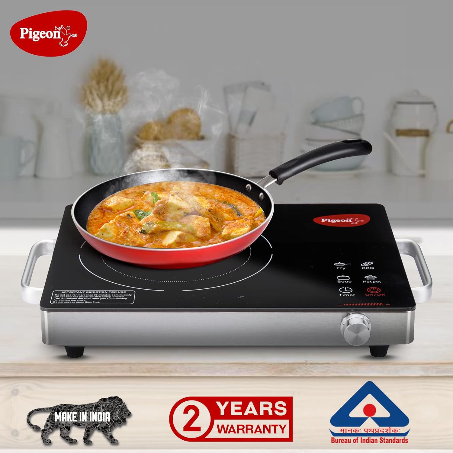 Pigeon Radiant Infrared Cooktop 2200 Watt, Compatable for all cooking utensils, Black, Medium