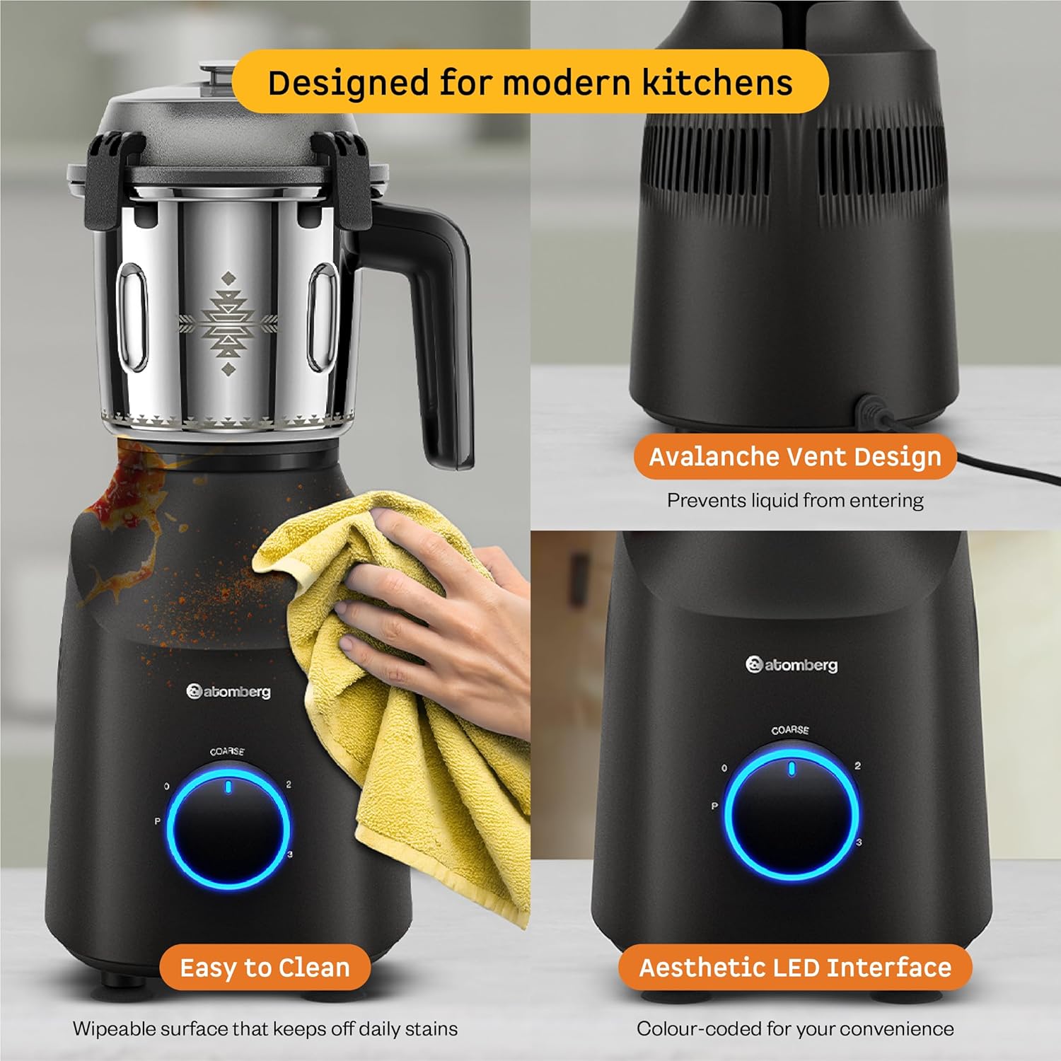Atomberg Tavi Mixer Grinder | ππππ ππ§π₯π² ππ¨π« ππ & πππ§πππ | Unique Coarse Mode for Silbatta-Like Texture Intelligent 600W Motor | 4 Jars Including Chopper Jar | Matte Black/Sand Grey