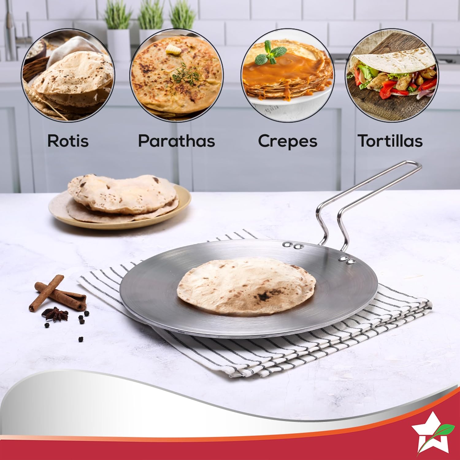 Nigella Tri-Ply 26 cm Roti Tawa | Non-Stick Tawa | 4mm Thickness | Induction Base | Compatible with All cooktops | Riveted Cool-Touch Handle | 10 Year Warranty, Stainless Steel, Silver