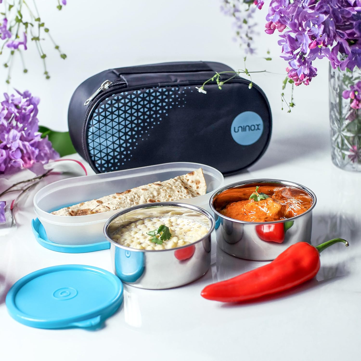 uninox Sabke Liye Stainless Steel Lunch Box with 2 Leak-Proof Containers, 1 Plastic Chapati Tray & Fabric Carry Bag | Office, School & Travel Tiffin | BPA-Free & Durable | Multipurpose | Blue