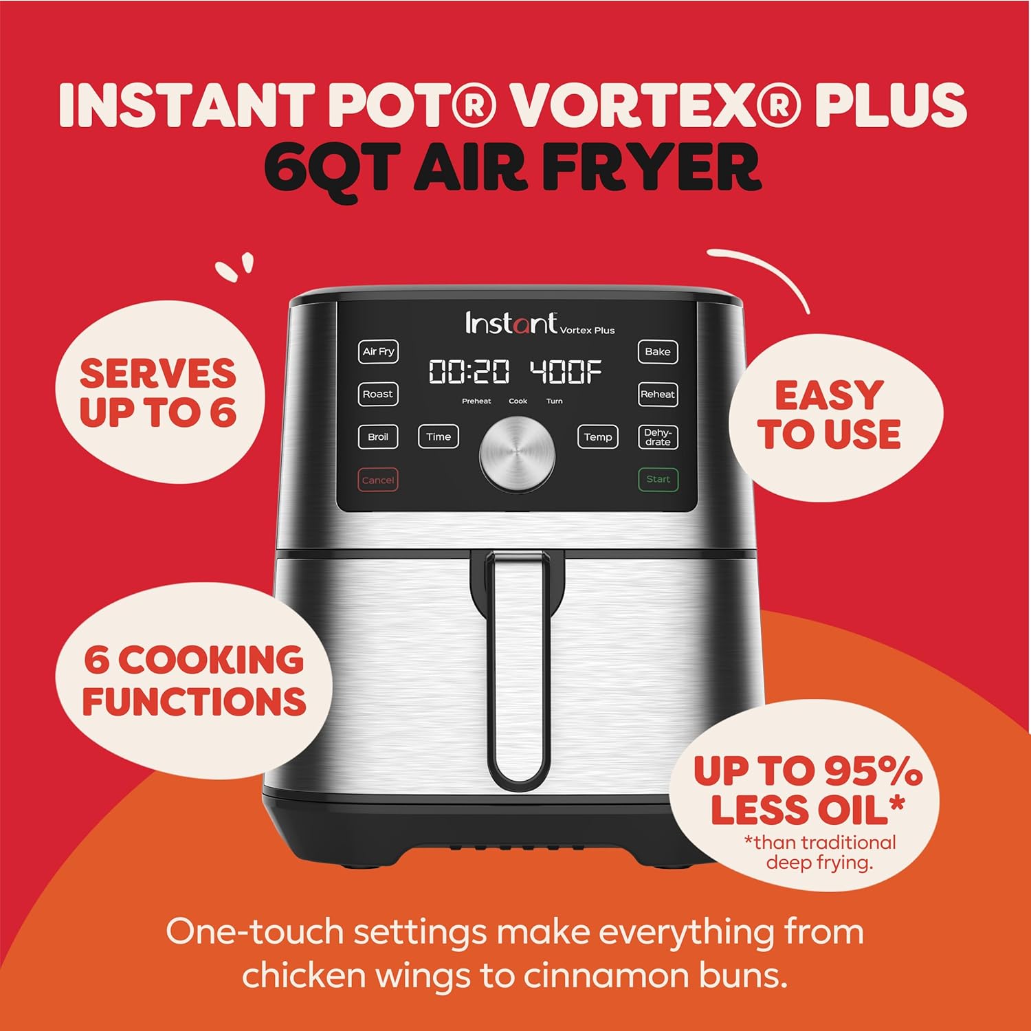 Instant Vortex Plus 6L Air Fryer, 6-in-1 with 360° EvenCrisp Technology, Touch Control Panel, Uses 95% Less Oil, Air Fry, Roast, Grill, Bake, Reheat & Dehydrate, 1500W, PFOA-Free & BPA-Free, 230V