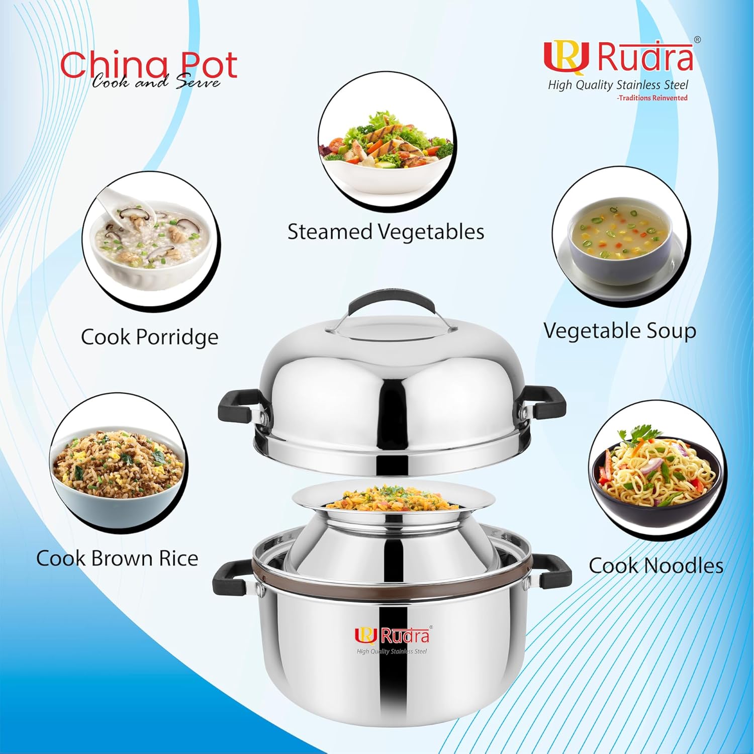 RUDRA Stainless Steel China Pot Cook and Serve, Thermal Rice Cooker