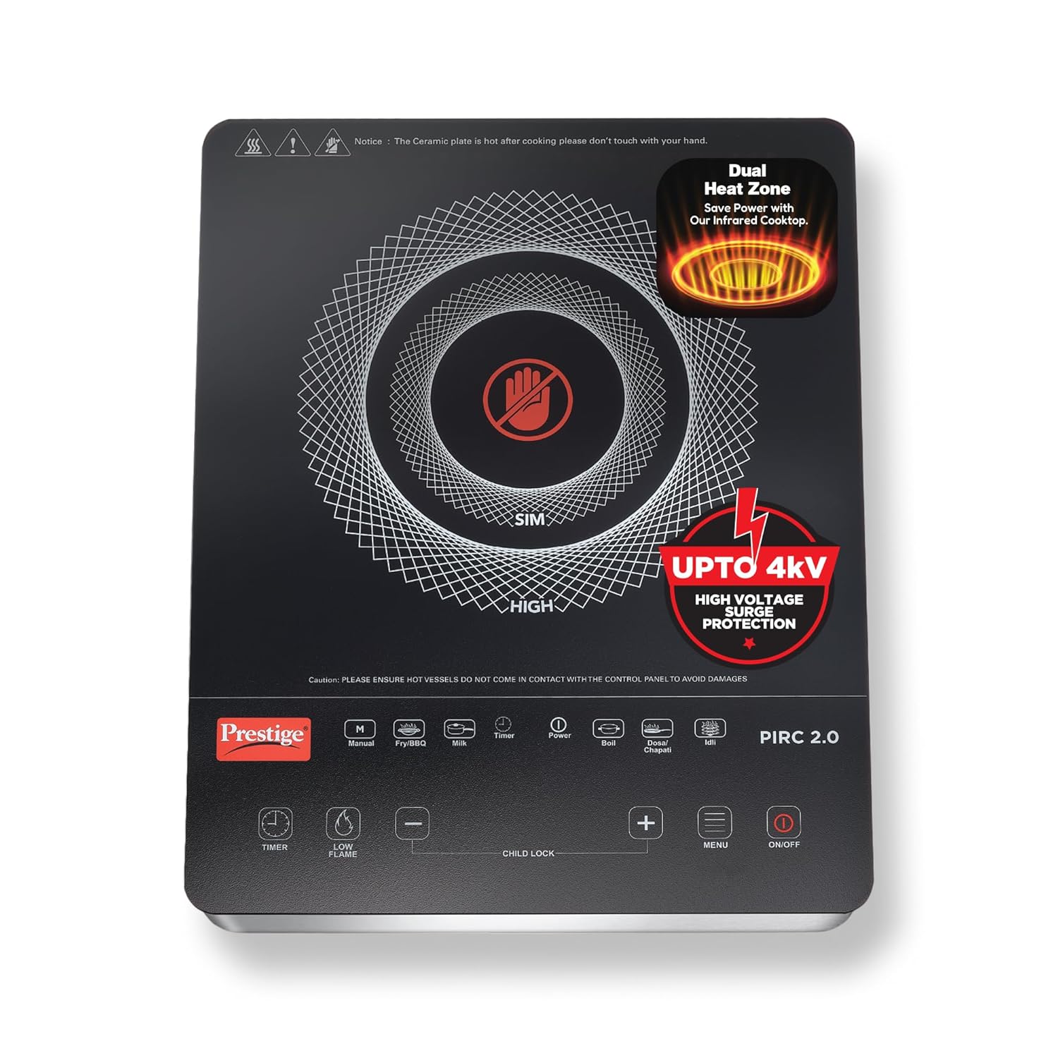 Prestige PIRC 2.0 2000 Watts Infrared Dual Heating Zone Cooktop |High Voltage Surge Protection| Dual Heat Mode| Radiant Heating Technology| Feather Touch Buttons| Stainless Steel Body| Black & Silver
