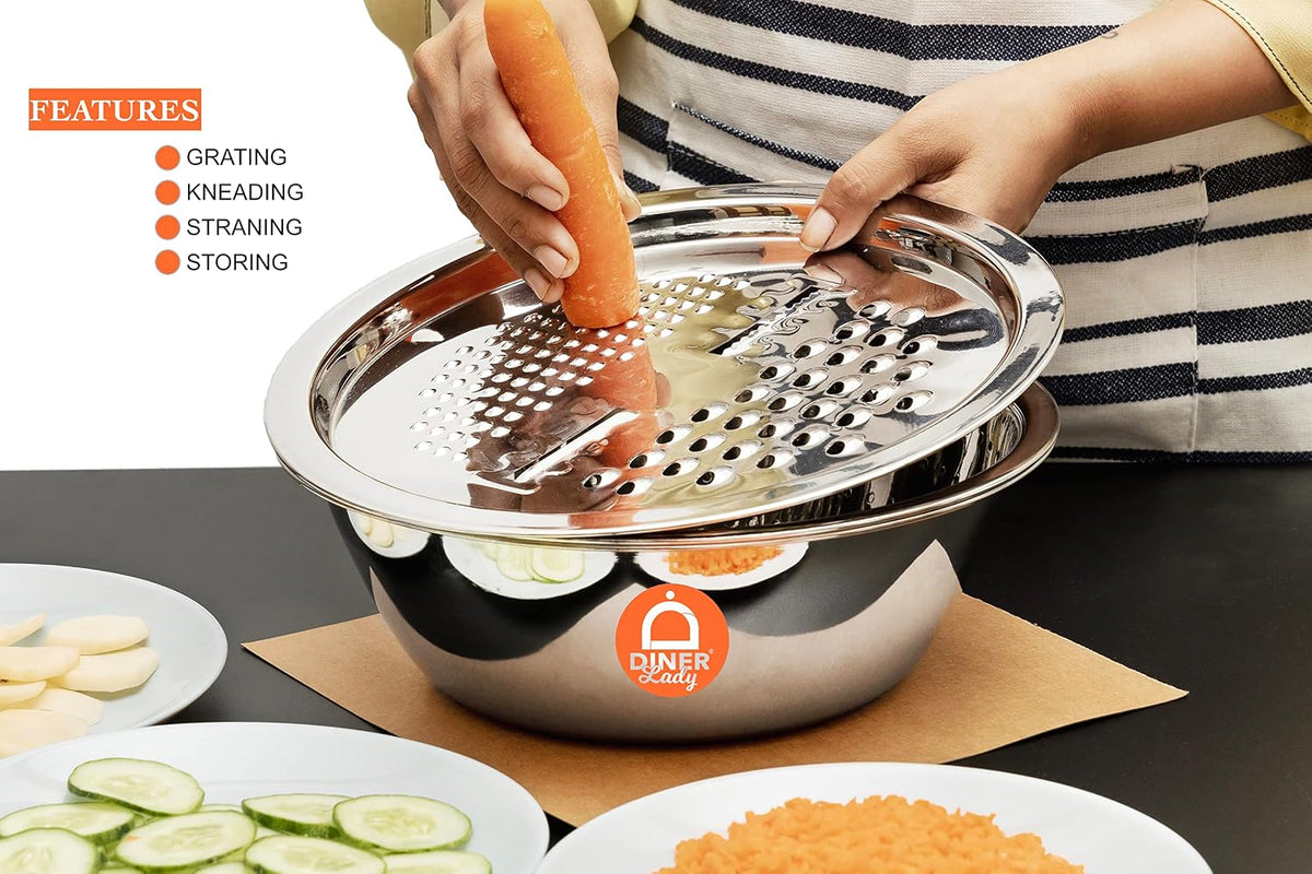 Stainless Steel Java multiutility Set, 4 Pieces for Grating Chopping Straining and Storing, 2000ml Storing Capacity with Twin Slice Blades and Dual Grating Option. The Ultimate PREP Tool.