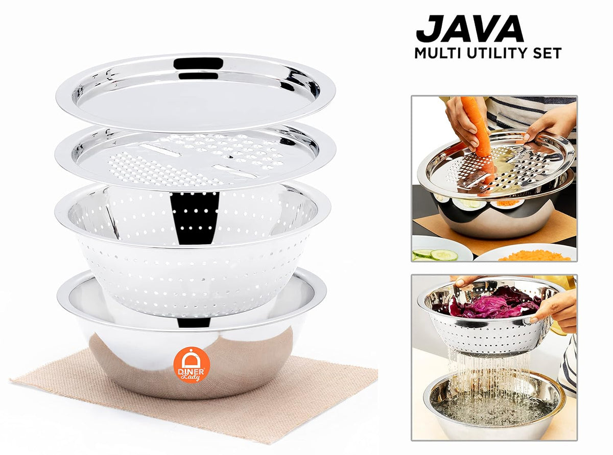 Stainless Steel Java multiutility Set, 4 Pieces for Grating Chopping Straining and Storing, 2000ml Storing Capacity with Twin Slice Blades and Dual Grating Option. The Ultimate PREP Tool.