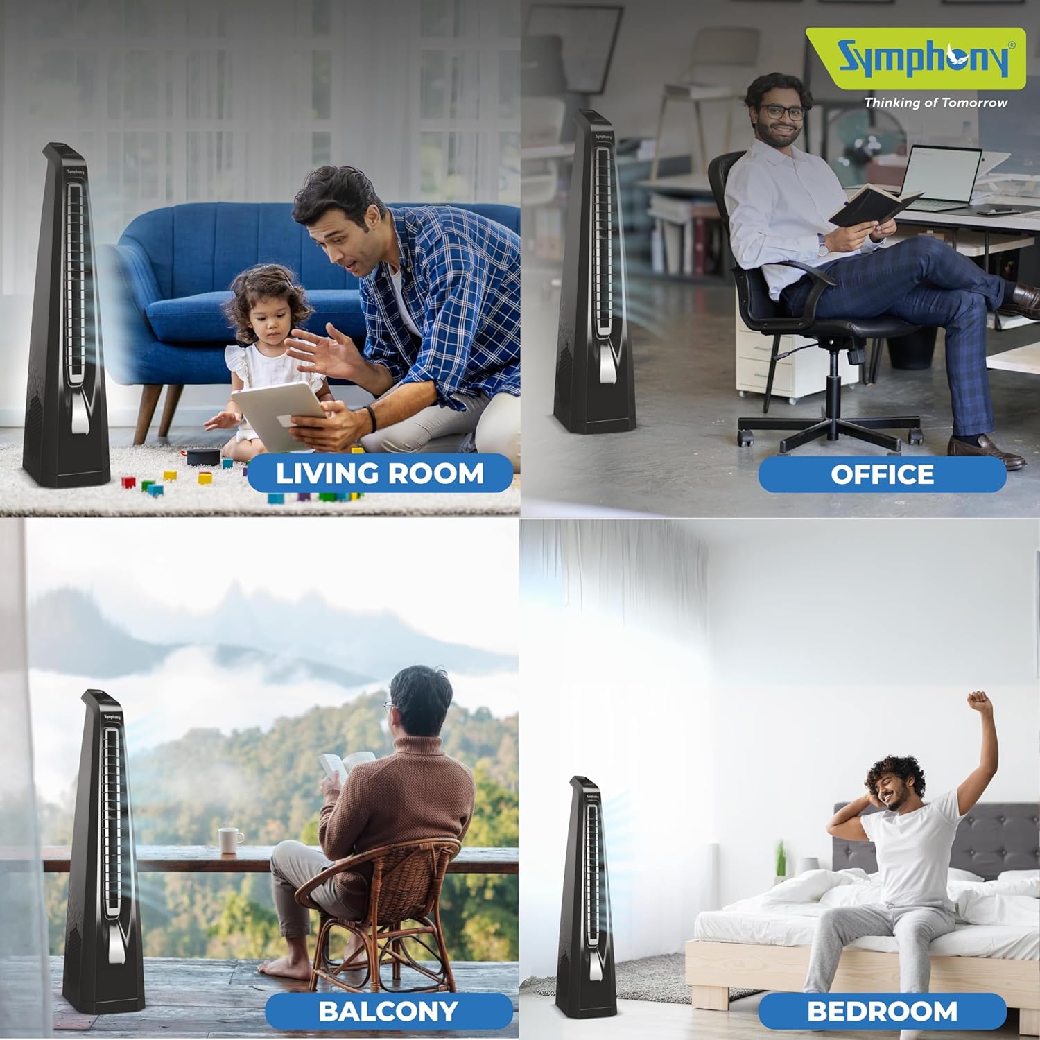Symphony Surround B Personal Tower Fan | Silent Tower Fan for Home | BLDC Turbo Throw | Touchscreen Control Panel | Remote Control | Low Power Consumption | Black
