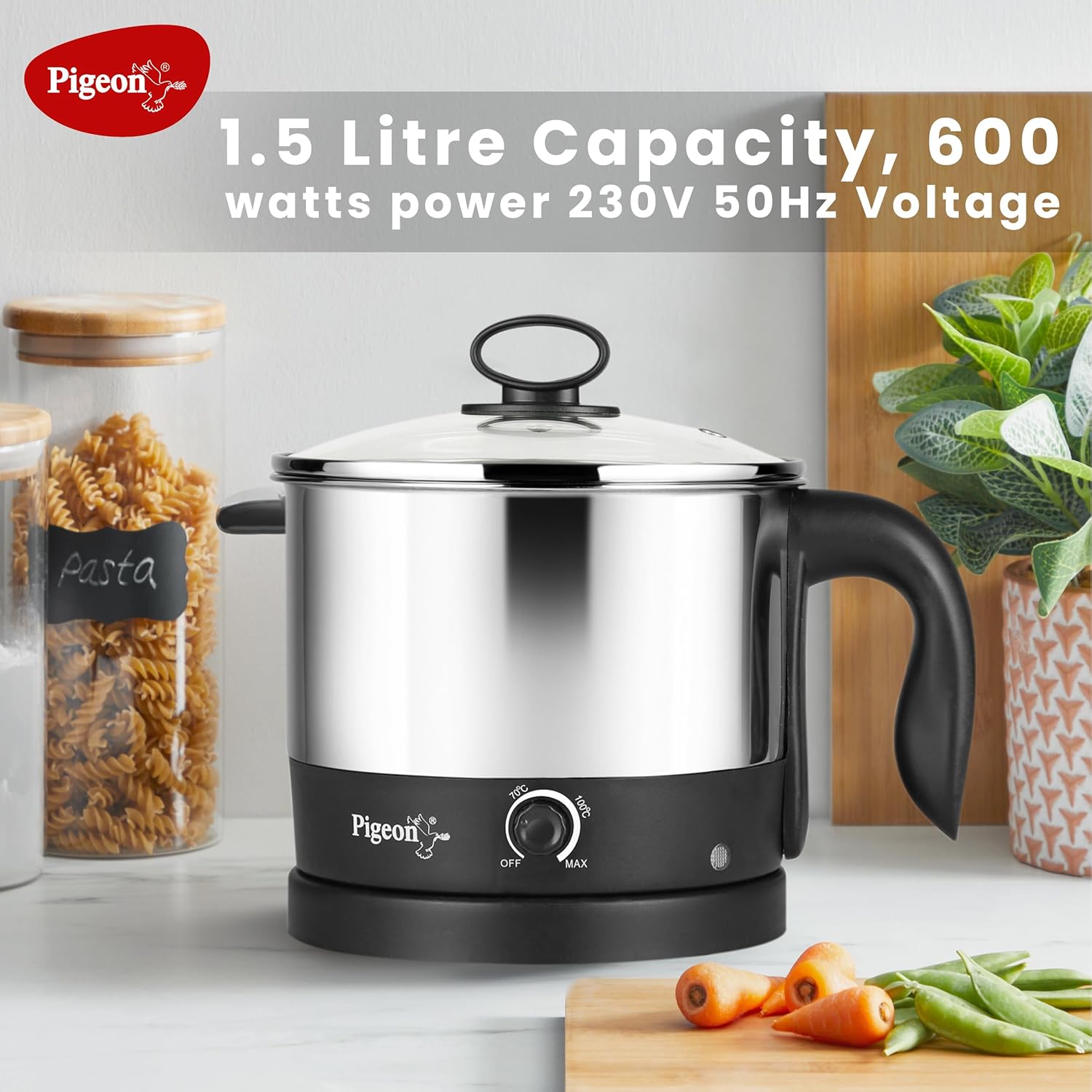 Pigeon 1.5 Liters Multipurpose Electric Kessel 3 in 1 Value Pack, Multi Cooker, Idli Stand with 3 Plates, Steamer With Stainless Steel Stand (Black & silver)