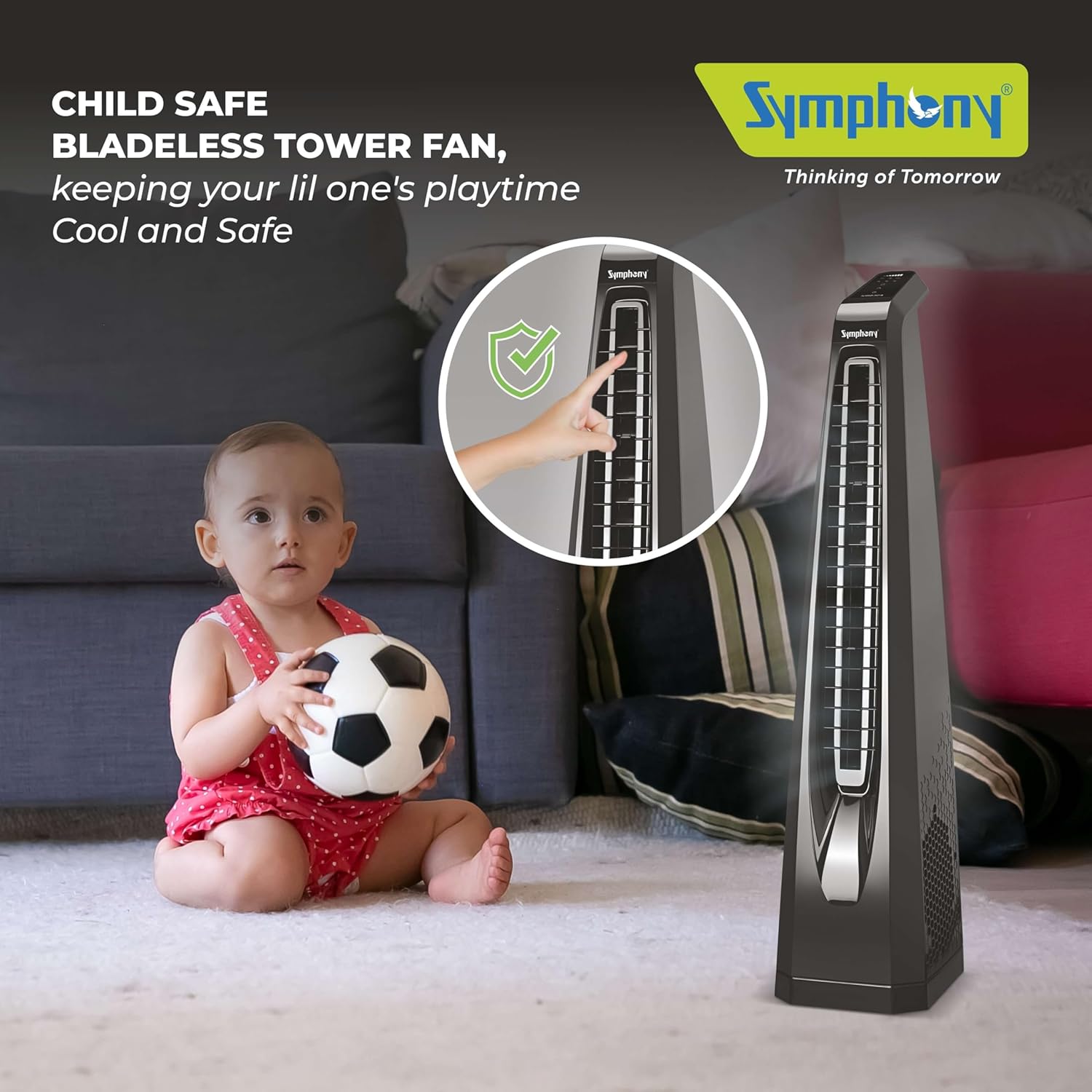 Symphony Surround B Personal Tower Fan | Silent Tower Fan for Home | BLDC Turbo Throw | Touchscreen Control Panel | Remote Control | Low Power Consumption | Black