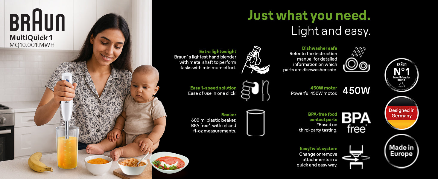 Braun MultiQuick 1 Hand Blender 450W with 600ml Beaker, EasyTwist Technology, Lightweight, Stainless Steel, BPA-Free for Baby Food, Chutney, Puree, Lassi, Smoothie, Soup, Shake MQ10.001M
