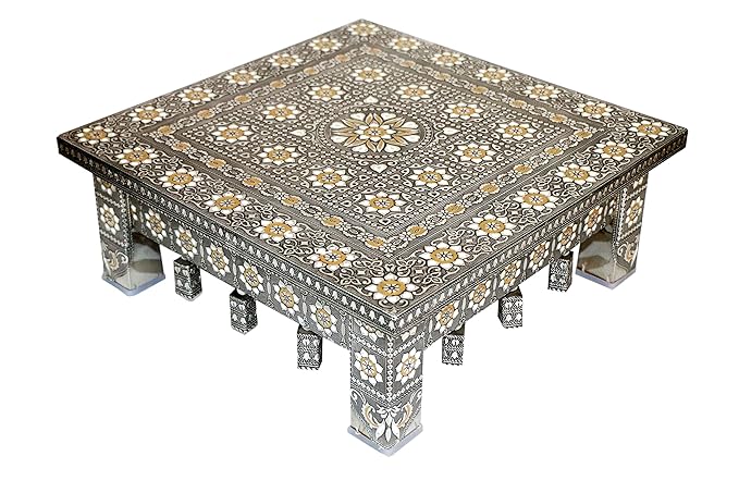 LIME Stainless Steel Oxidised Square Pooja Chowki/Bajot with Embossed Aluminium Art, Pooja Bajoth, Marriage Bajoth, Oxidised Silver