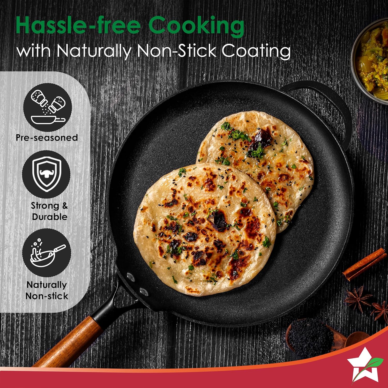 Ferro Light-Weight Cast-Iron Dosa Tawa | Pre-Seasoned with 100% Vegetable Oil | 40% Lighter Than Regular Cast-Iron Cookware | Cool-Touch Real Acacia Wood Handles | 10-Year Warranty