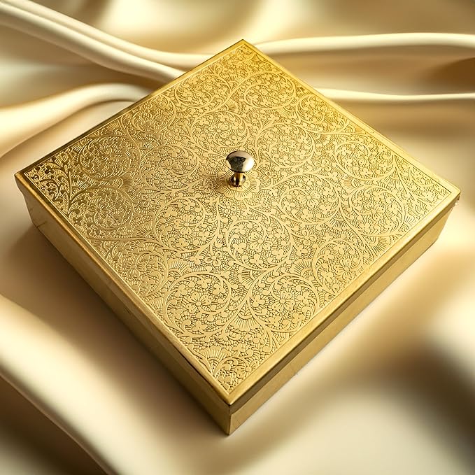 LIME Brass Masala Dani (Spice Box) square handcrafted Floral Design