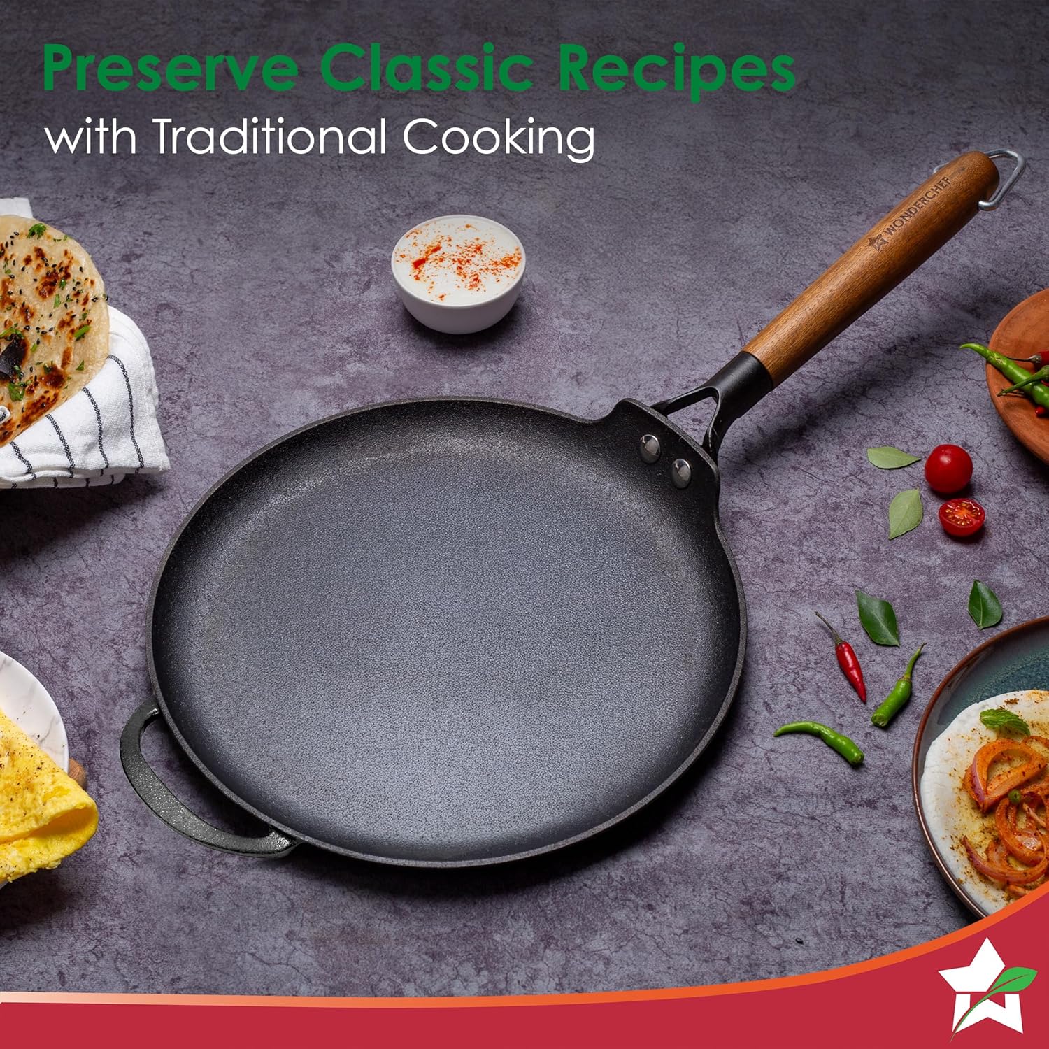 Ferro Light-Weight Cast-Iron Dosa Tawa | Pre-Seasoned with 100% Vegetable Oil | 40% Lighter Than Regular Cast-Iron Cookware | Cool-Touch Real Acacia Wood Handles | 10-Year Warranty