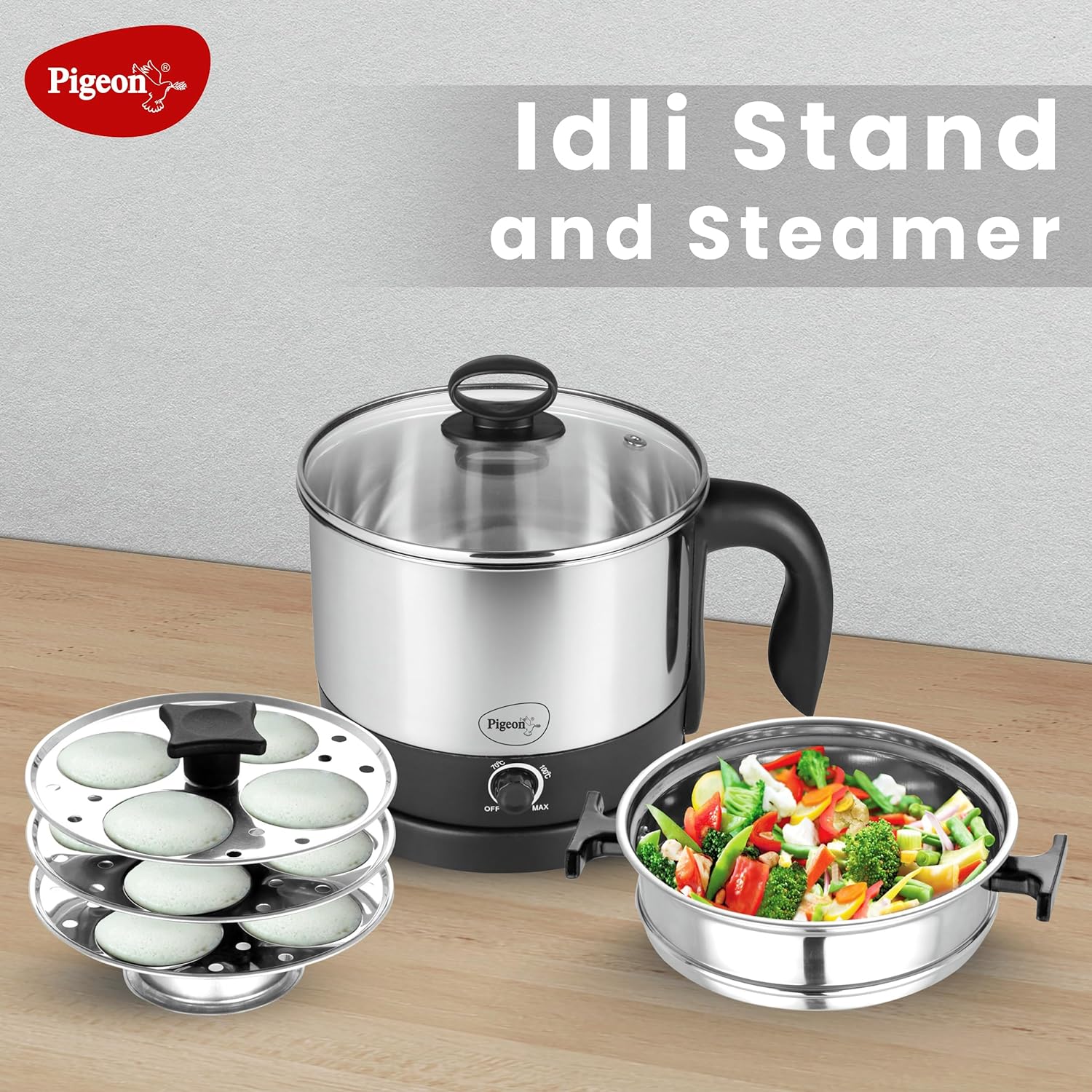 Pigeon 1.5 Liters Multipurpose Electric Kessel 3 in 1 Value Pack, Multi Cooker, Idli Stand with 3 Plates, Steamer With Stainless Steel Stand (Black & silver)