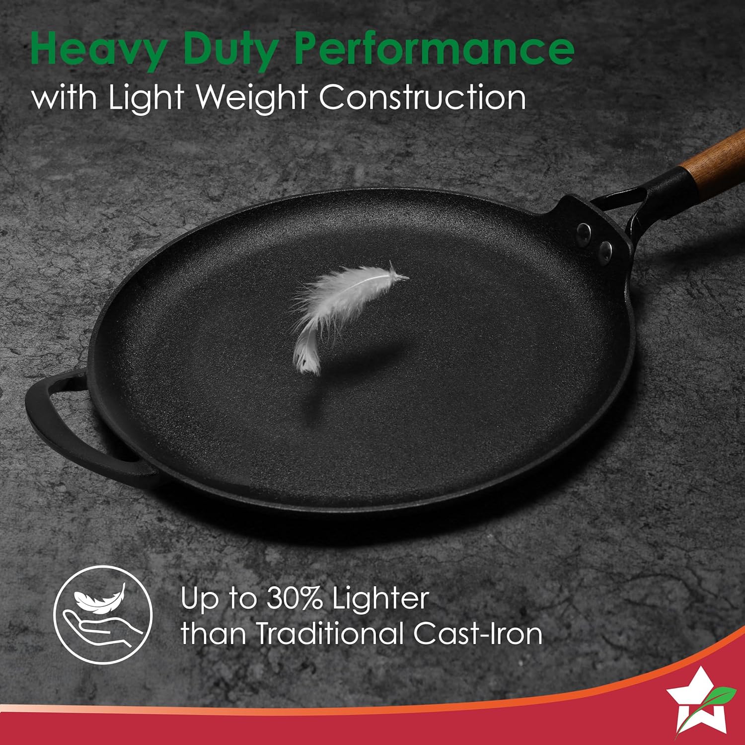 Ferro Light-Weight Cast-Iron Dosa Tawa | Pre-Seasoned with 100% Vegetable Oil | 40% Lighter Than Regular Cast-Iron Cookware | Cool-Touch Real Acacia Wood Handles | 10-Year Warranty