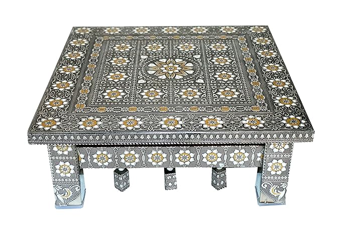 LIME Stainless Steel Oxidised Square Pooja Chowki/Bajot with Embossed Aluminium Art, Pooja Bajoth, Marriage Bajoth, Oxidised Silver