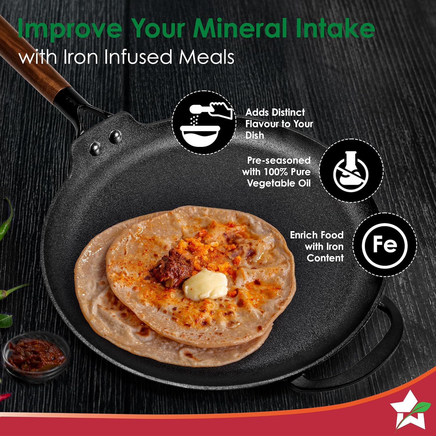 Ferro Light-Weight Cast-Iron Dosa Tawa | Pre-Seasoned with 100% Vegetable Oil | 40% Lighter Than Regular Cast-Iron Cookware | Cool-Touch Real Acacia Wood Handles | 10-Year Warranty