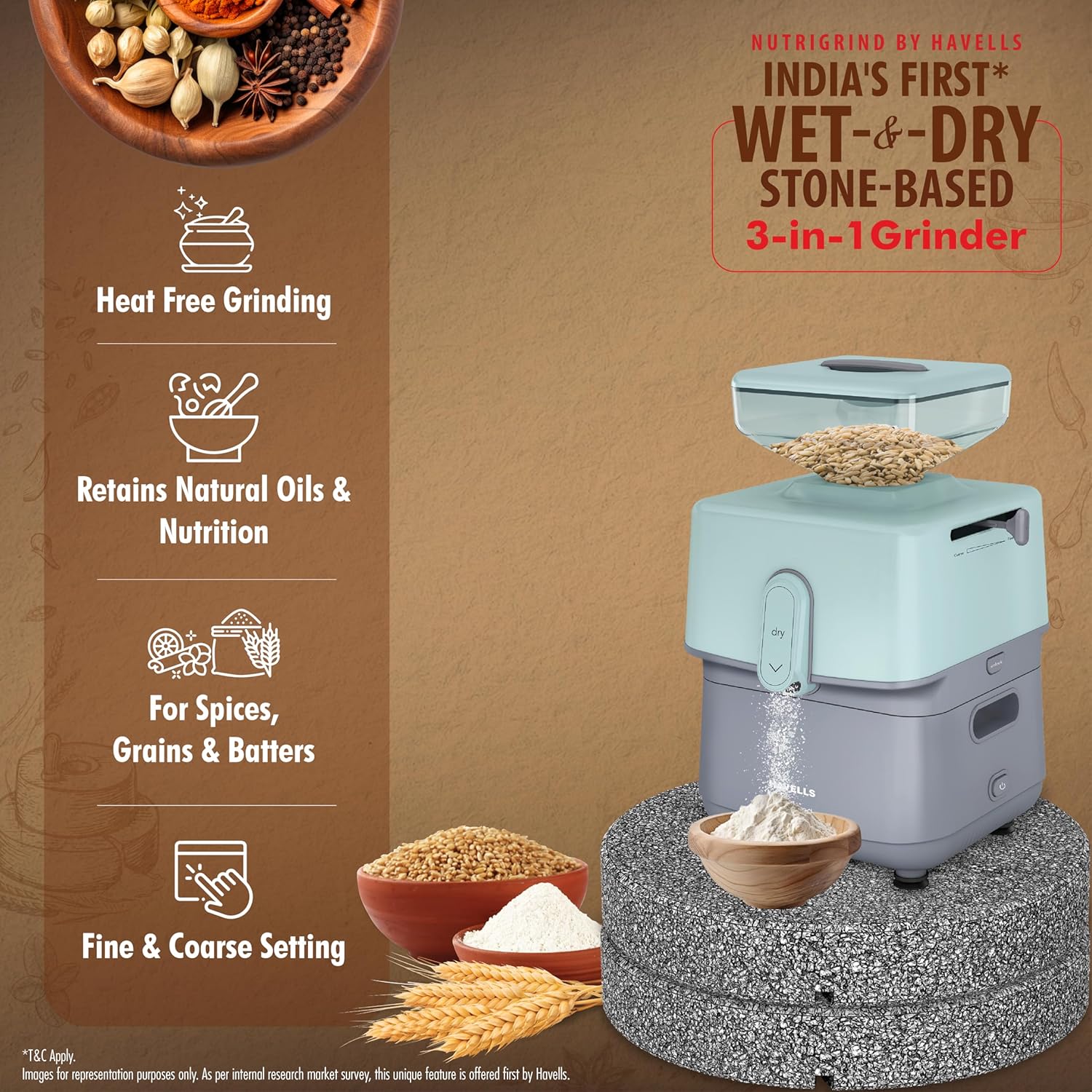 Havells Nutri Grind 3 in 1 Wet & Dry Grinder with 400W High Torque Induction Motor | 1400 RPM Slow Speed Grinding | Quality Coarse Stones | 2 Yr Manufacturer Warranty| Stainless Steel