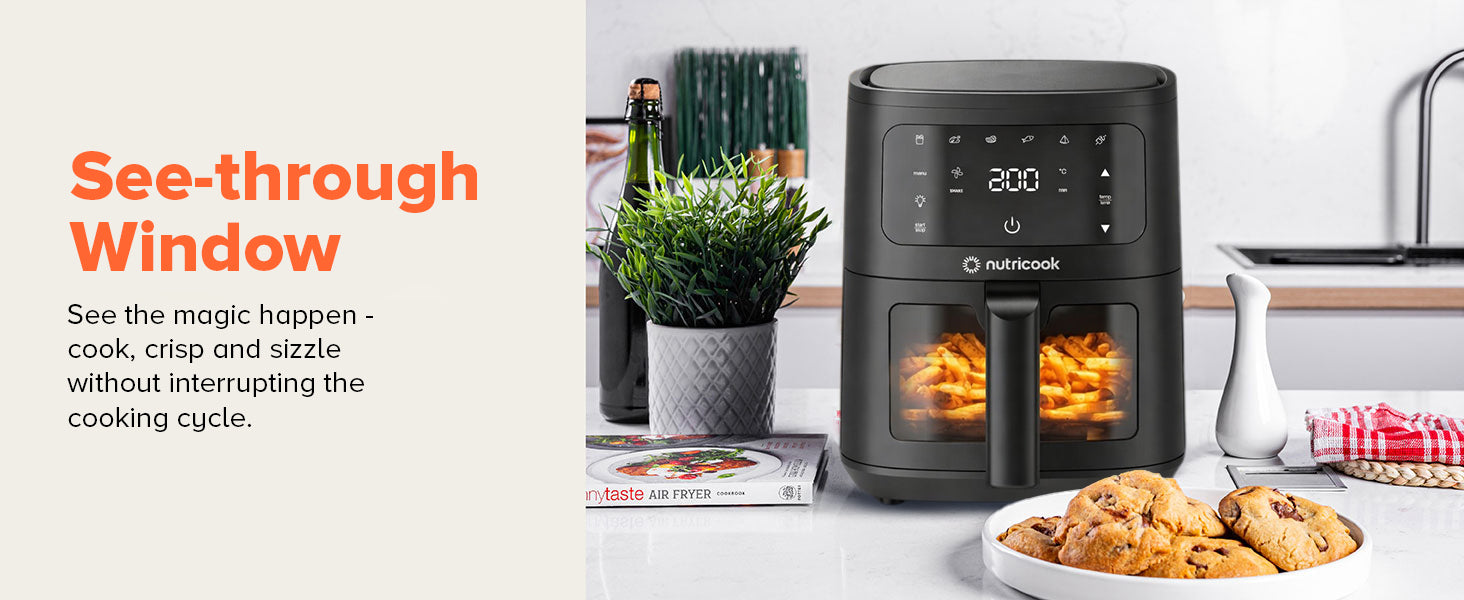 Nutricook 4.5L Air Fryer Essential, 2026 New Launch, 100% Toxin-Free Ceramic Coating - No PTFE, PFAS, PFOA or Microplastics, Clear Window, 1300W, 6 Cooking Programs, 2-Year Warranty