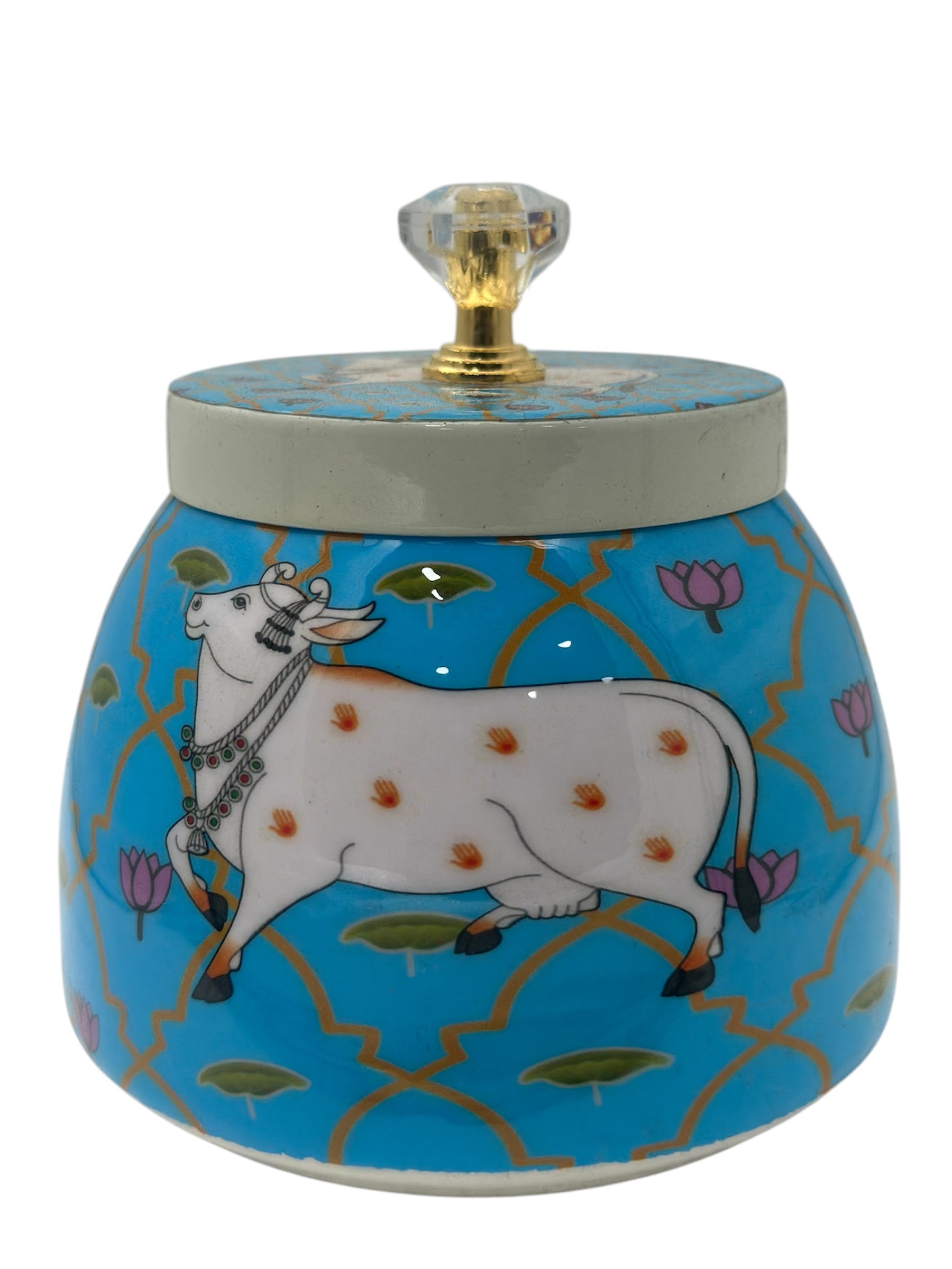 LIME 4" Round Shape Metal Gifting Storage Container Pichwai Jar Box (Random Color Design)