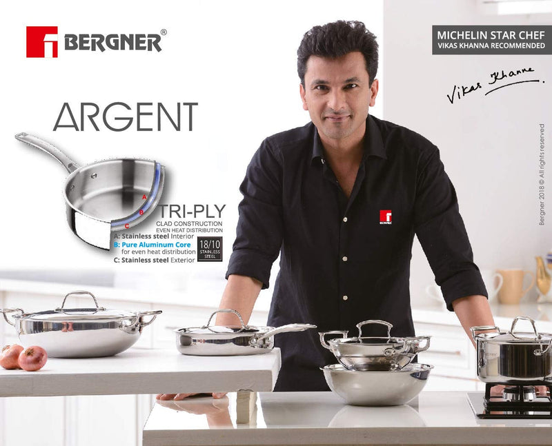 Bergner Argent Tri-Ply Stainless Steel 12cm (500 ml) Tadka Pan - Induction Bottom