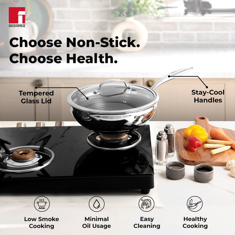 Bergner Hitech Tri-Ply Stainless Steel Non-Stick Wok Lid - Induction Bottom