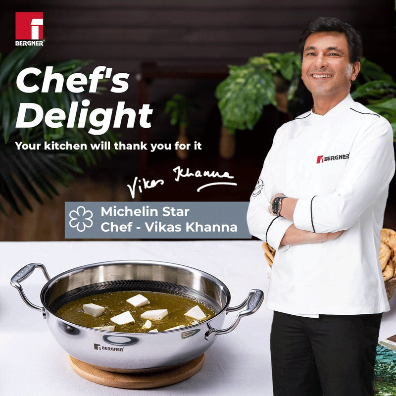 Bergner Hitech Tri-Ply Stainless Steel Non-Stick Kadhai with Lid - Induction Bottom
