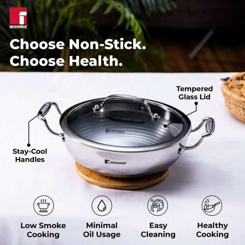 Bergner Hitech Tri-Ply Stainless Steel Non-Stick Kadhai with Lid - Induction Bottom